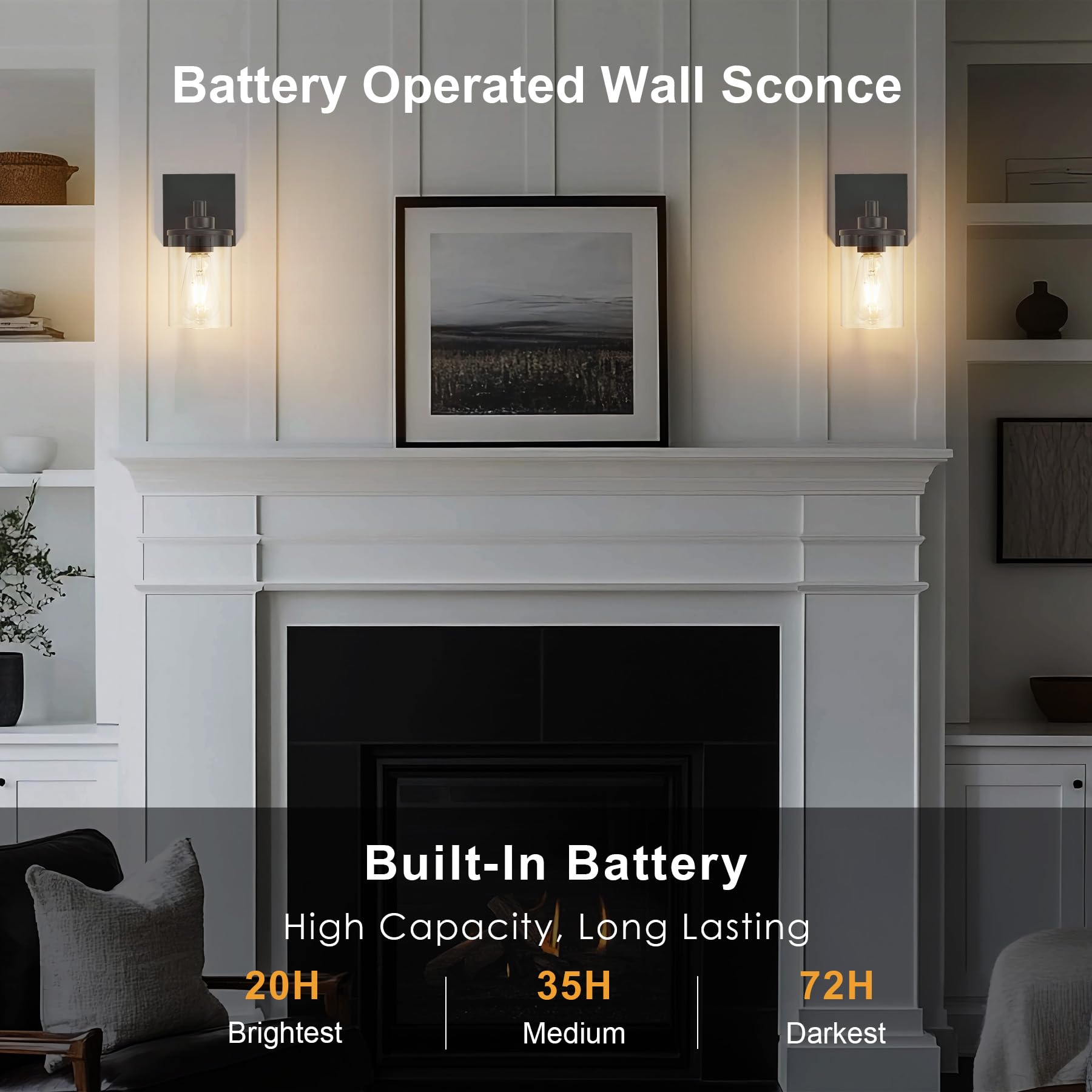 Battery Operated Wall Sconce Set of 2 with Remote Control, Black Rechargeable Wireless Wall Decor Light with Glass Shade, Cordle