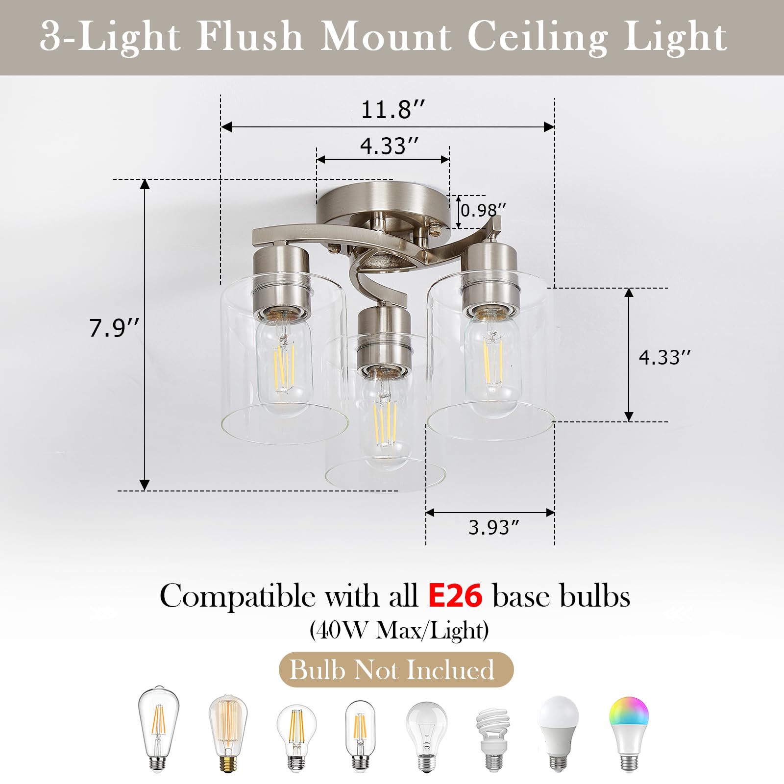 Brushed Nickel Flush Mount Ceiling Light, Kitchen Lighting Fixtures Ceiling, 6-Light Dining Room Light Fixture With Clear Glass Shade, Modern Ceiling Light Fixture For Bedroom, Living Room, Entryway