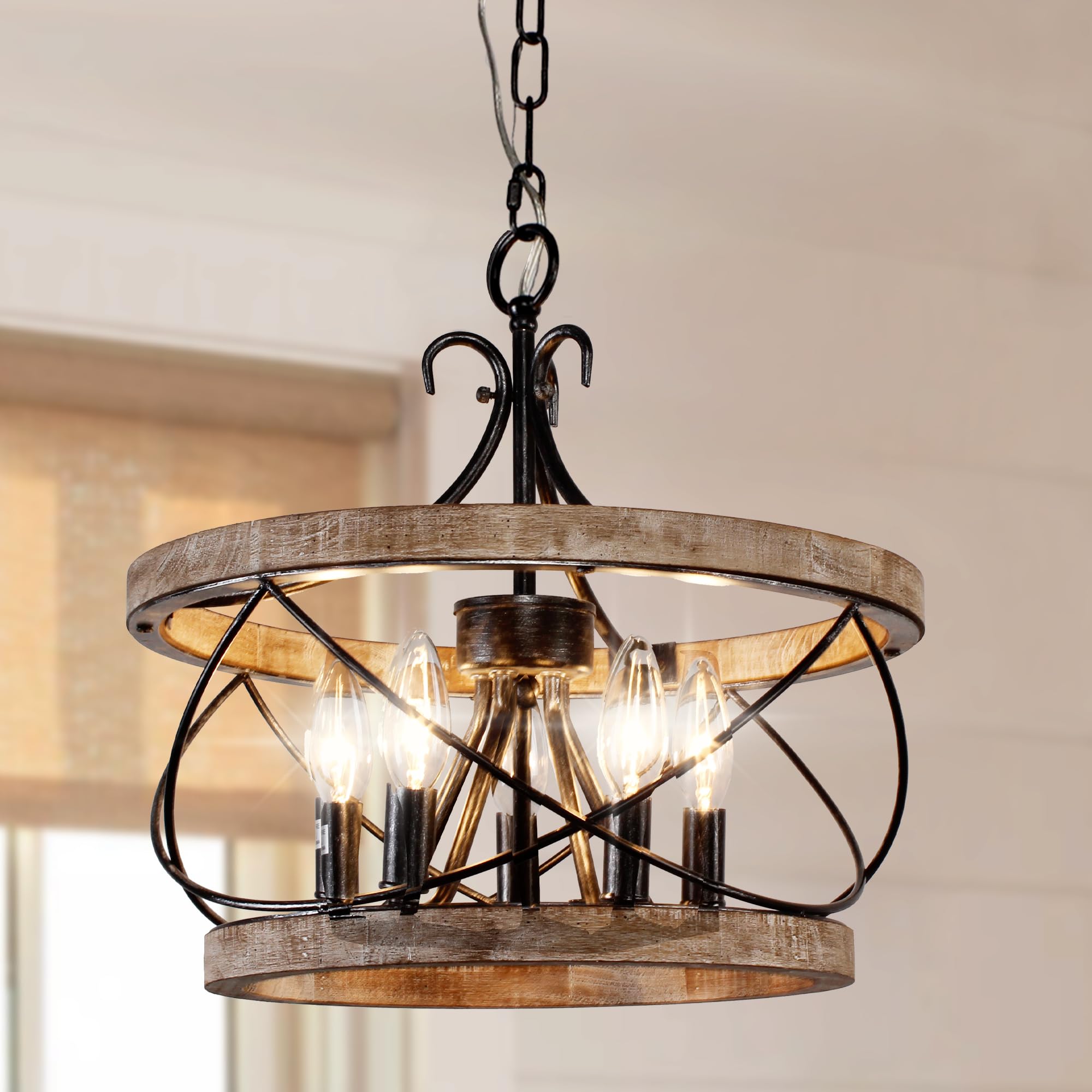 16 Farmhouse Chandelier Light Fixture, 5-Light French Country Wood Chandelier Rustic Drum Light Fixture Over Table For Kitchen I