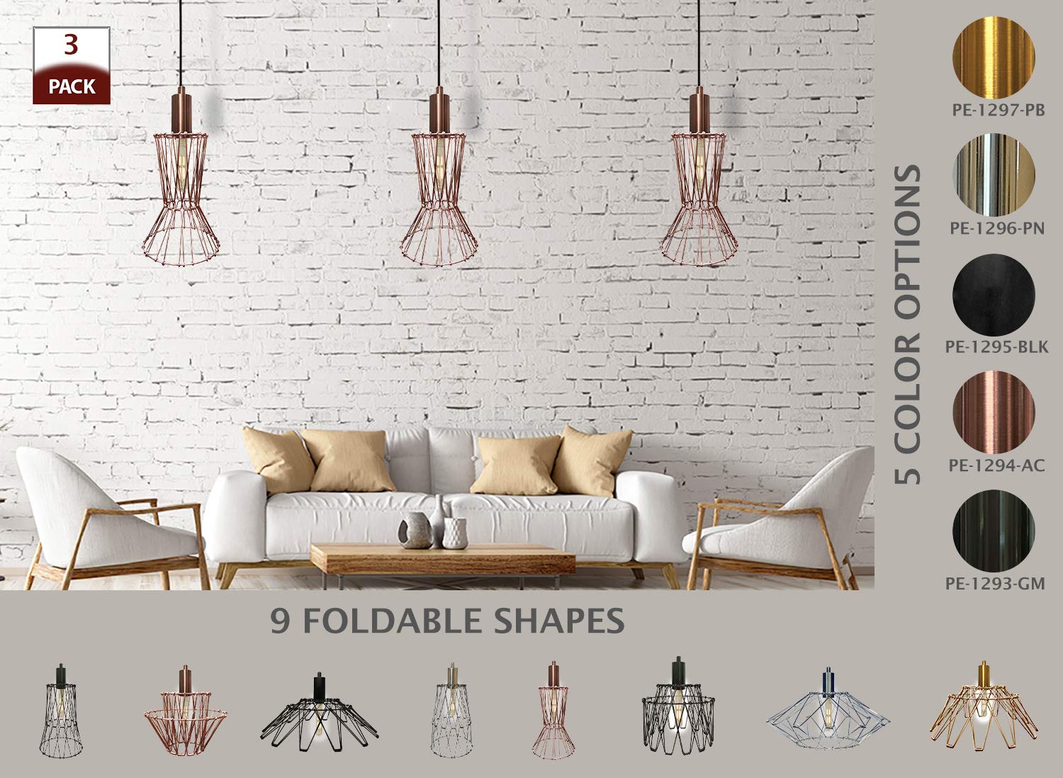 Royal Designs, Inc. Rdi Foldable Industrial Metal Pendant Light With Adjustable 7 Ft Long Lamp Cord & Canopy, Create 9 Styles, A