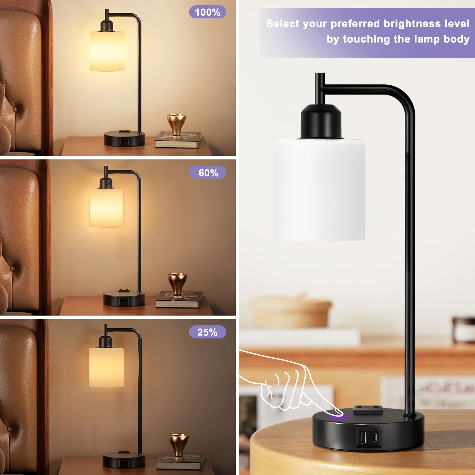 Industrial Touch Bedside Lamps For Bedrooms Set Of 2 - 3-Way Dimmable Nightstand Lamps With Usb C+A Ports And Outlet, Table Lamps With Opal Glass Shade For Living Room, Desk Lamps For Home Office