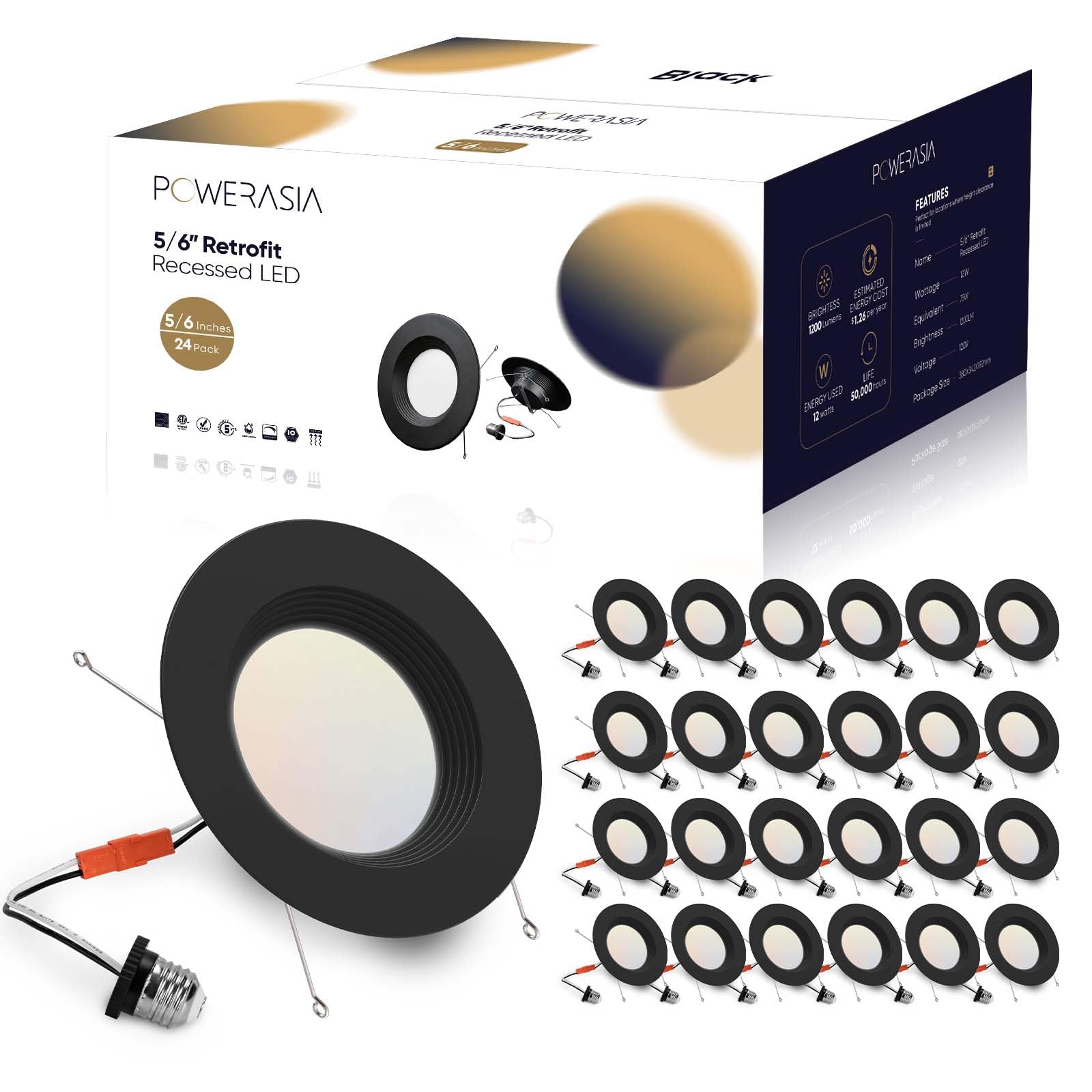 24 Pack 5/6 Inch Black LED Can Lights Retrofit Recessed Lighting, 5CCT 6 Inch Recessed Lights Selectable 2700K-6000K Dimmable, 1