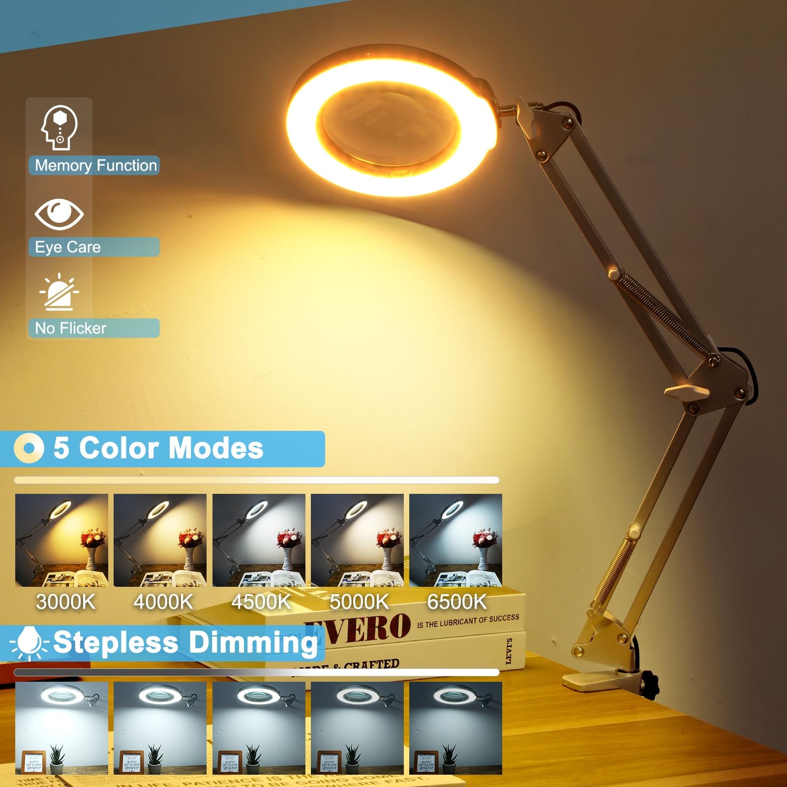 10X Magnifying Glass With Light And Clamp, Real Glass Stand Lighted Magnifier, 5 Color Modes Stepless Dimmable Led Desk Lamp Han