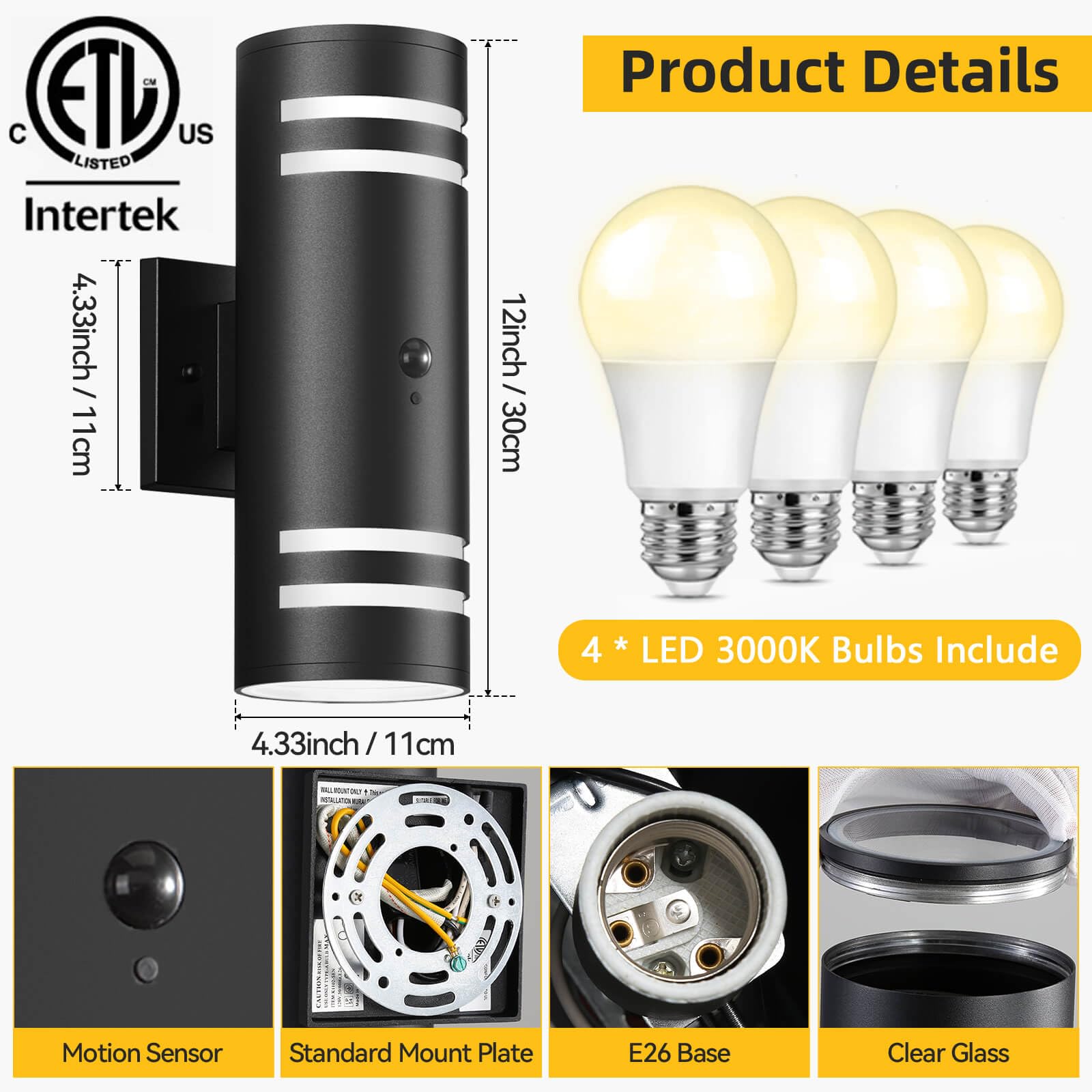 Shlmr Motion Sensor Outdoor Lights 2 Pack  Modern Dusk To Dawn Outdoor Lighting With Bulbs Include  Black Exterior Sconce Up And Down Motion Detector Lights For House Porch Garage  Etl Listed