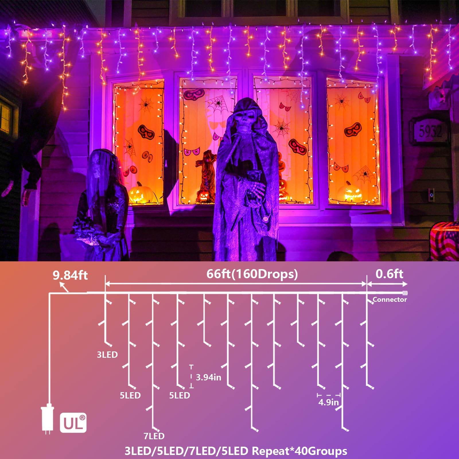YEGUO 66ft Icicle Halloween Lights, 800 LED, Orange and Purple, 8 Modes, Connectable, PVC Material