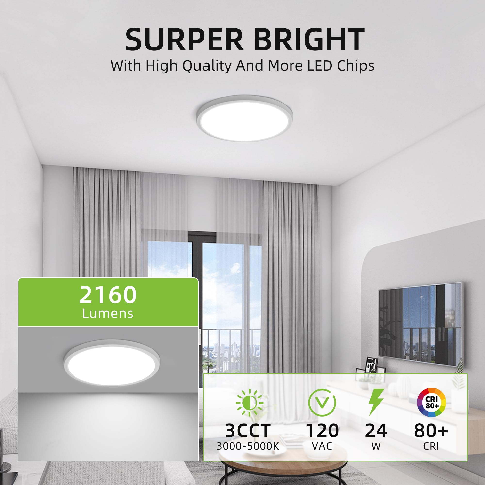 hykolity LED Round Flat Panel Light 2 Pack, 13 Inch, Dimmable, 24W 2400lm, Selectable CCT 3000K/4000K