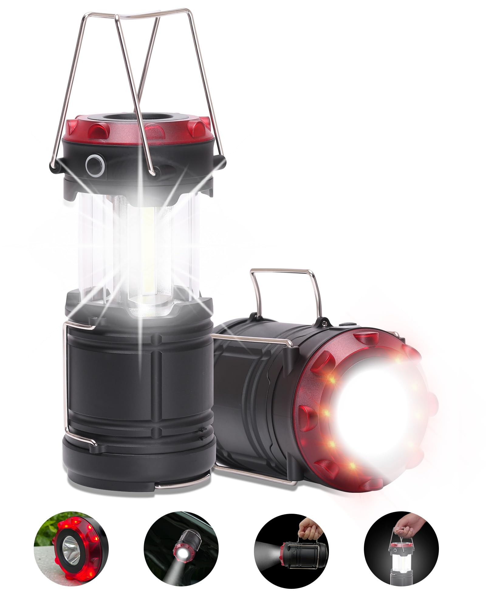Lichamp Collapsible 2-Pack Camping Lanterns, 300LM COB Light & 150LM Flashlight with Red Strobe/SOS, Magnetic Base, Battery-Powe