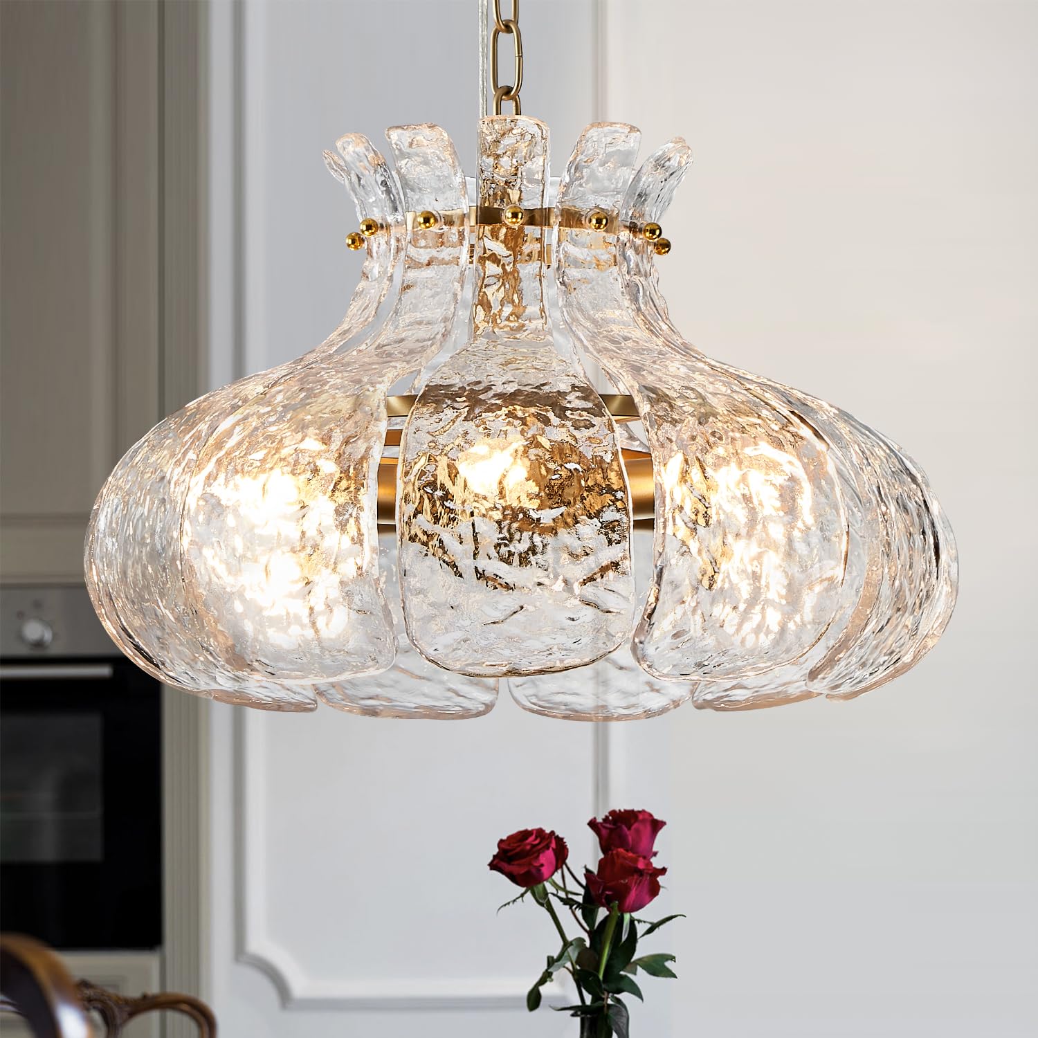Poemoon 6-Light Modern Glass Chandelier 15.7'' Luxury Water Ripple Glass Pendant Chandelier Gold Hanging Lighting For Dining Roo