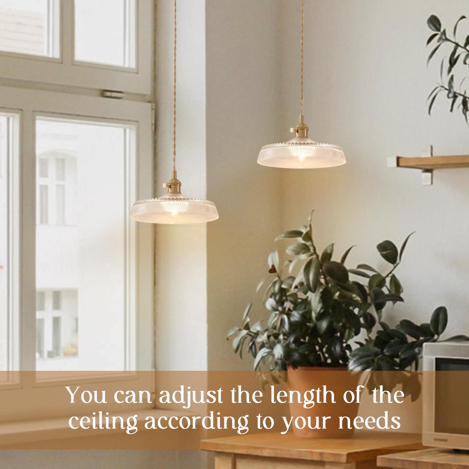 Oyisen Pendant Lights Kitchen Island, 9.1 Inch Retro Glass Lampshade Hanging Lamp Industrial Golden Light Cord Hanging Lights Fo