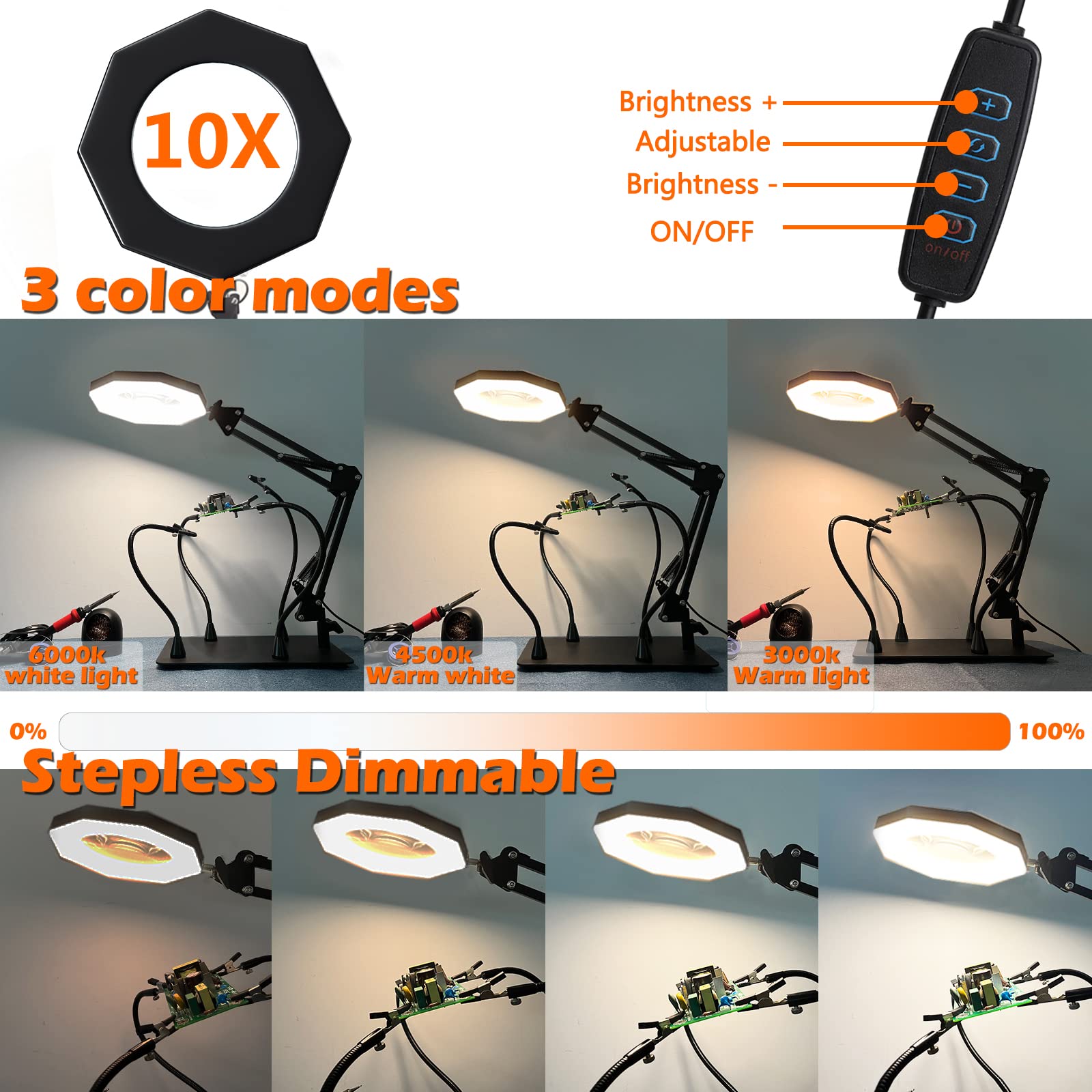 10X Magnifying Glass With Light And Stand,Kuvrs 2200 Im 3-Color Led Magnifying Lamp, Magnetic Helping Hands, Adjustable Arm Large Base & Clamp Magnifier With Light For Soldering Craft Hobby Close Work