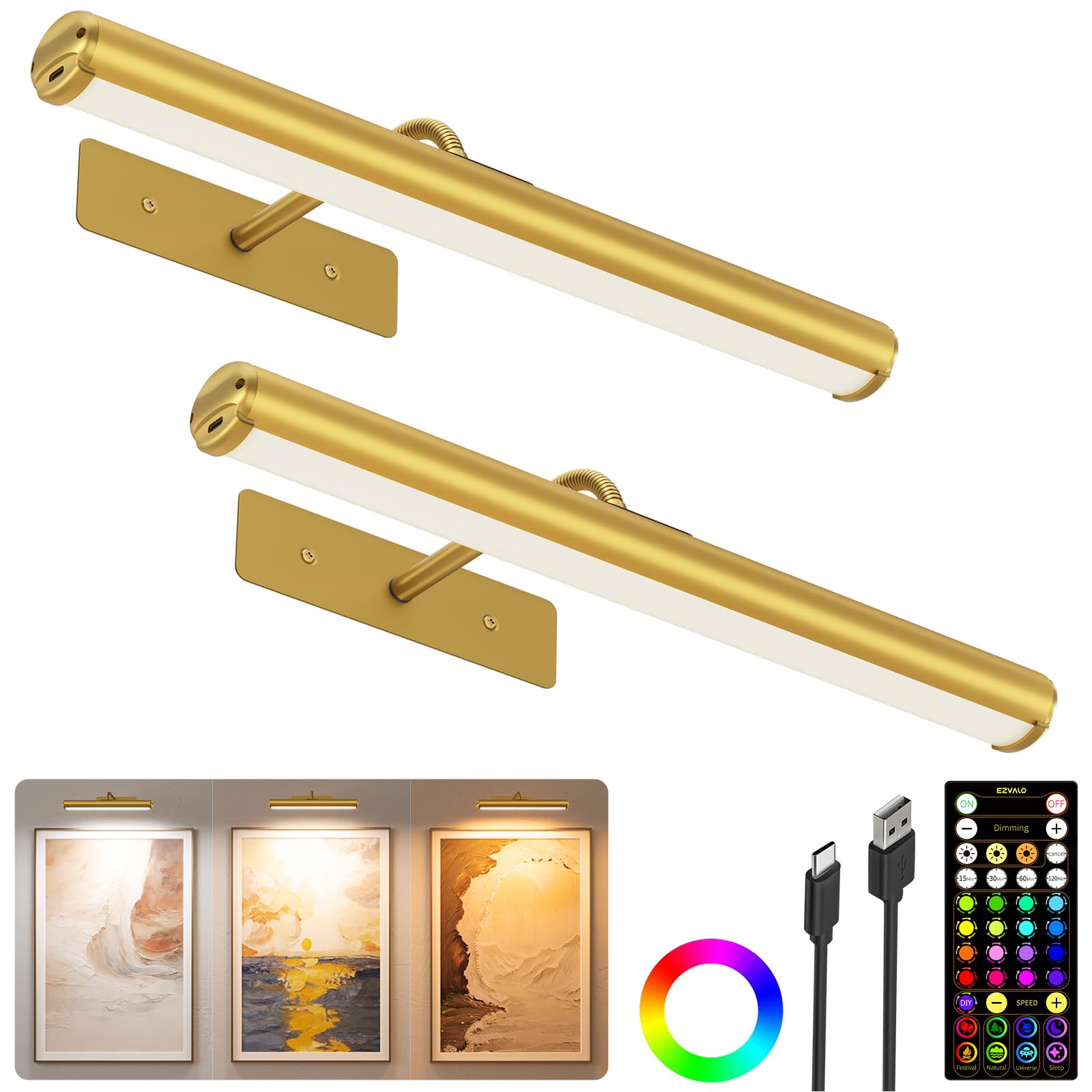 EZVALO 13in Picture Light for Wall  4000mAh Rechargeable Art Light with Remote  RGB & 3 Color Temps  Battery Operated Wall Light for Discomfortt  Photo - 2 Pack