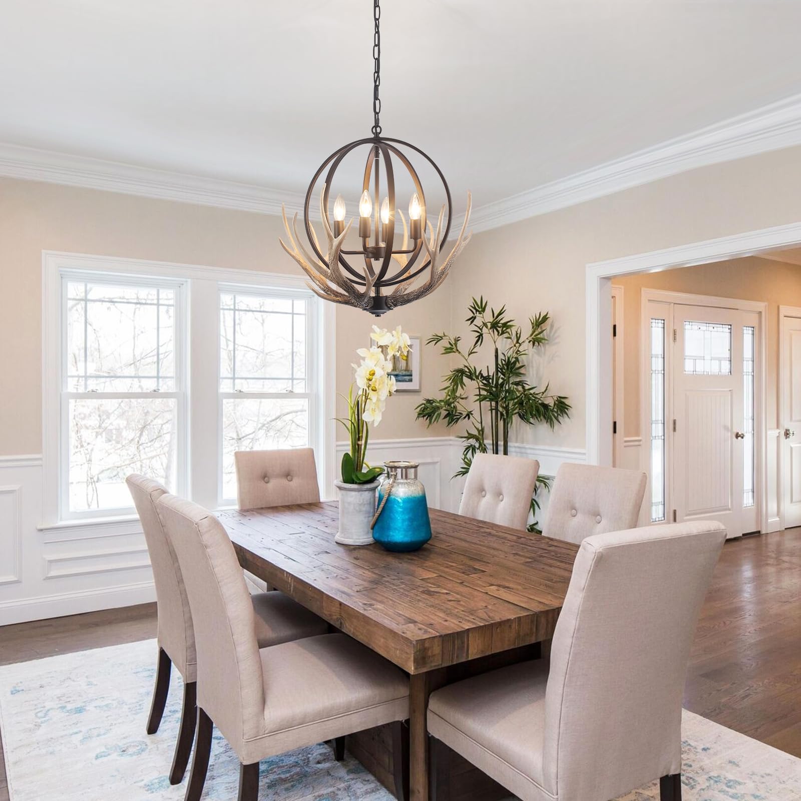 Antler Chandelier 4-Light Farmhouse Rustic Chandelier For Dining Room Light Fixture With 4 Resin Deer And Metal Globe Chandelier