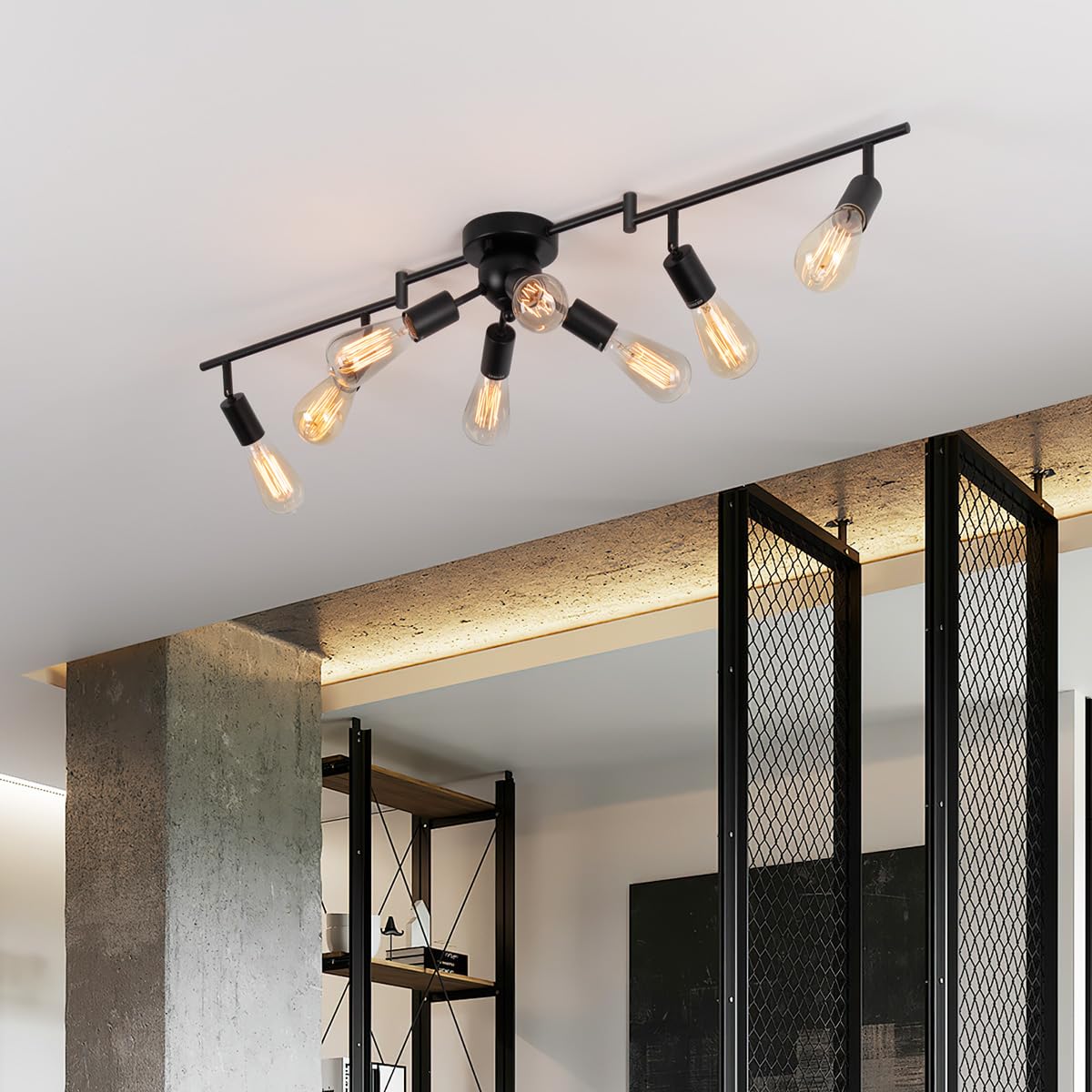 Mirrea 3.5 Ft 4-Light Black Track Lighting Kit With Rotating Heads And 4-Light Sputnik Flush Mount Light
