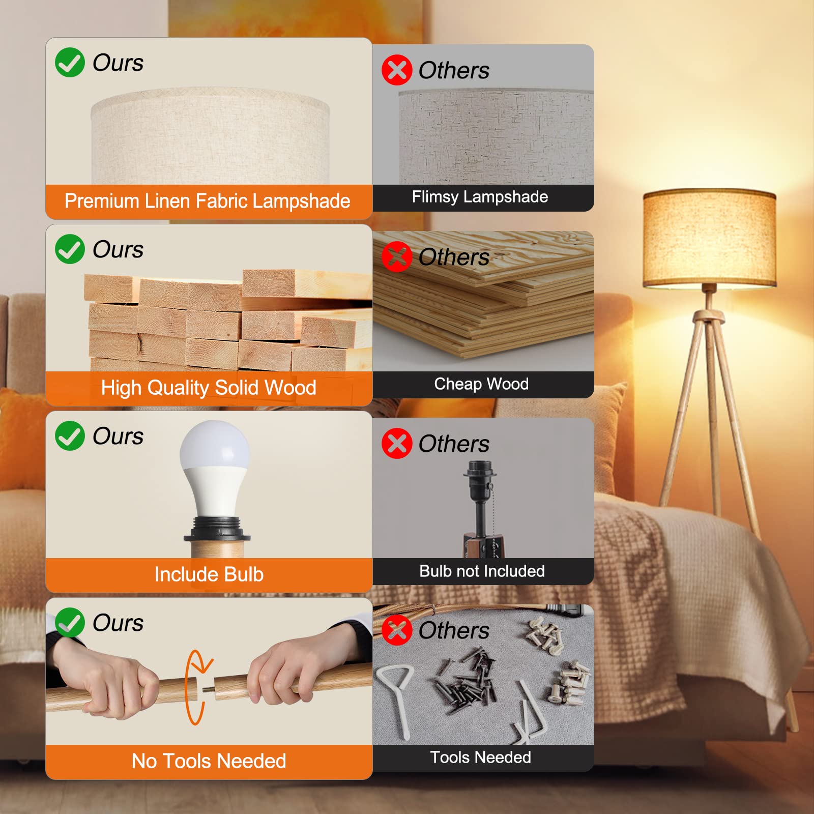 OUTON Tripod Floor Lamp with Remote Control, Dimmable, 4 Color Temperatures, Beige Linen Shade, Nature Wood Finish