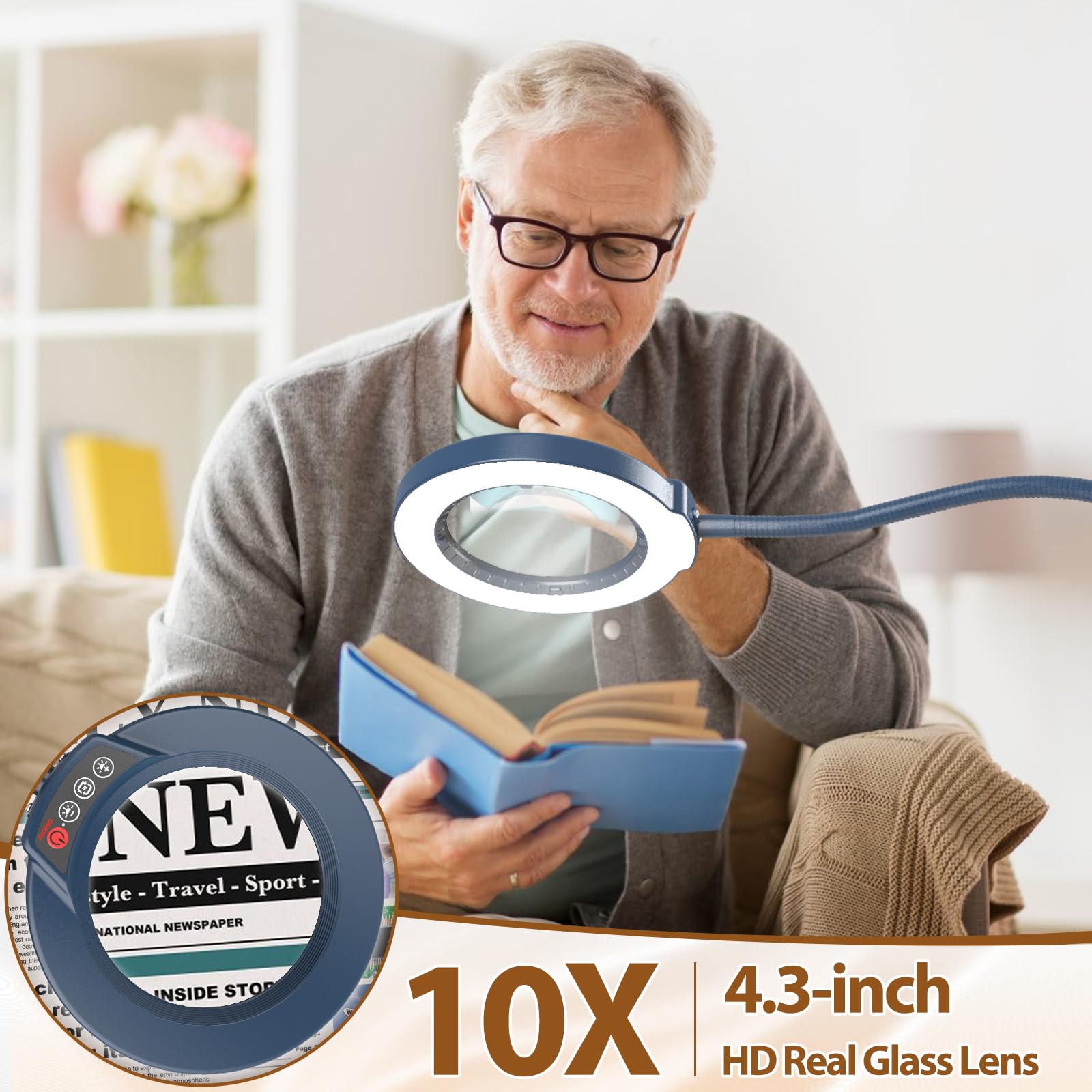 Krstlv 10X Magnifying Glass with Light, Flexible Gooseneck Floor Lamp, LED 5 Color Modes, Stepless Dimmable, Blue, Model LBLFG609X01