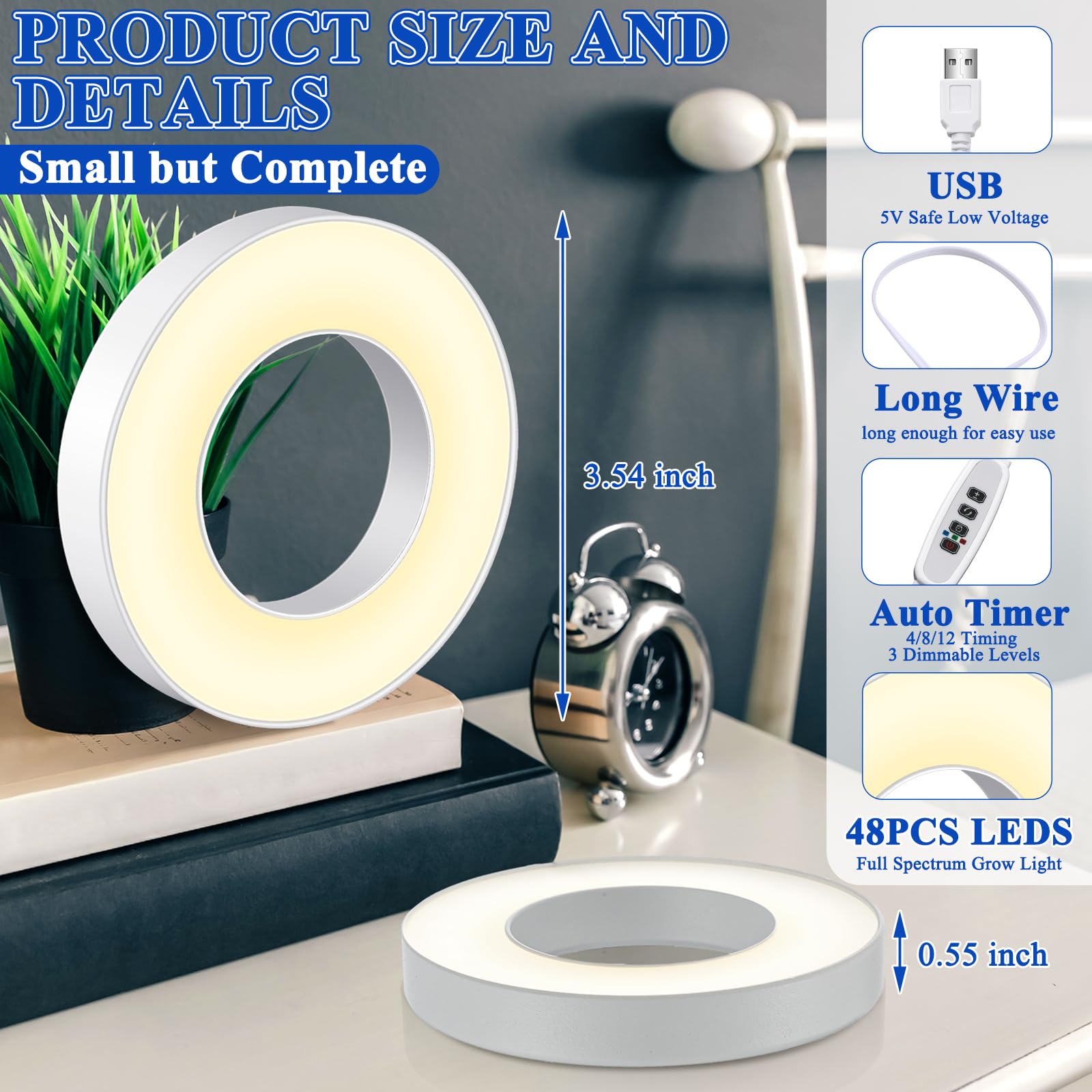 Tujoe One Head Ceiling Led Grow Lights For Indoor Plants 48 Led Full Spectrum Led Plant Light 5V Safe Voltage Plant Lamp With 4/8/12H Auto Switch 4 Dimmable Brightness Levels Ideal For Small Plants