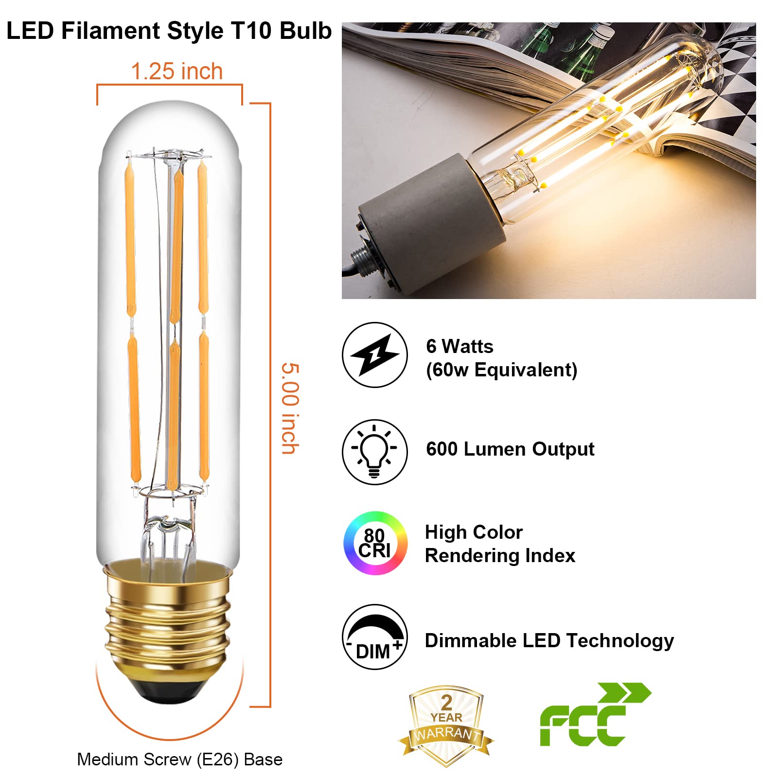 Tianshq 6 Pcs E26 T10 Led Tubular Light Bulbs, Warm White Edison Bulb 2700K 6W Dimmable T10 Led Bulb For Pendant Lights, Lamps,
