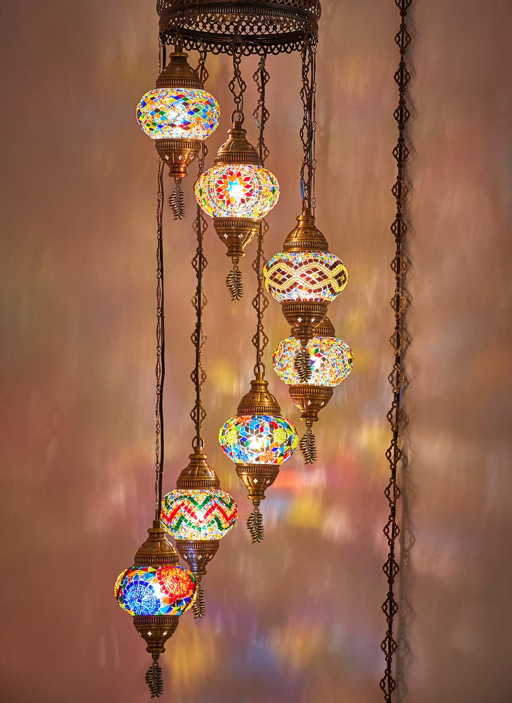 DEMMEX 7-Globe Plug-in Turkish Moroccan Mosaic Chandelier - Tiffany Style Ceiling Lamp, Hanging Pendant Light Fixture, Bohemian