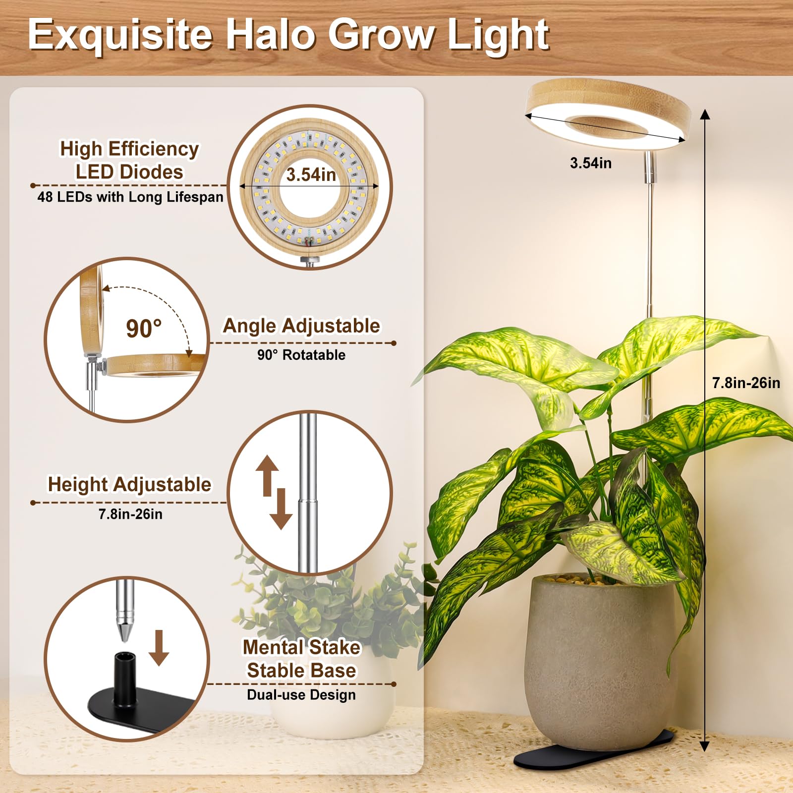 LORDEM Bamboo Base LED Grow Light with Full Spectrum, 4 Brightness Levels, Auto Timer, Height Adjustable 7.8"-26", Model A0150