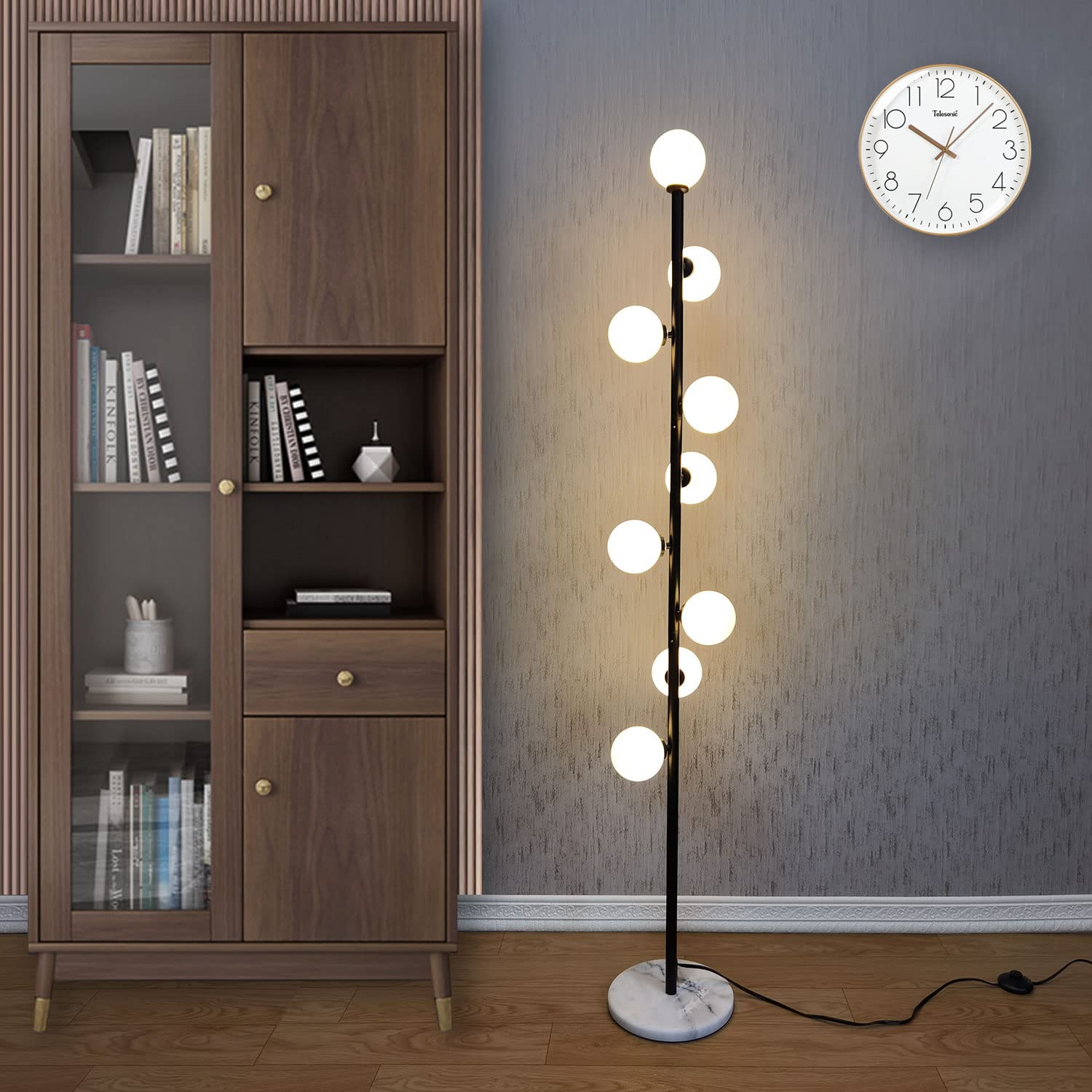 Hsyile Modern Black Floor Lamp, Globe Design, 300261 Model, Metal Material, 9 LED Bulbs, Ideal for Living Room, Bedroom, Office