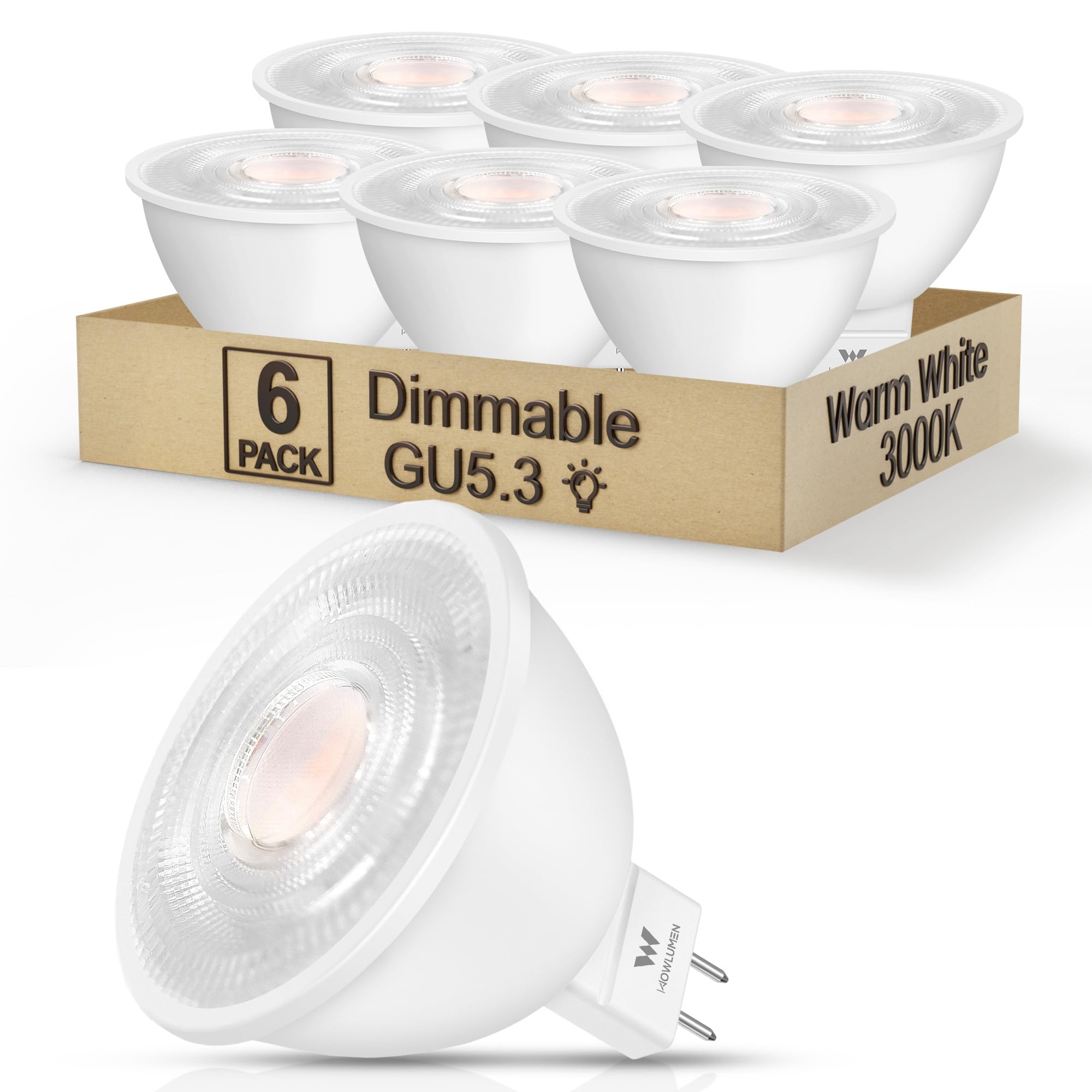 Wowlumen Dimmable Mr16 Led Bulbs Ul Listed, 5W Led Light Bulb(50W Equivalent), 3000K Warm White, 500 Lumens, Gu5.3 Bi-Pin Base, 