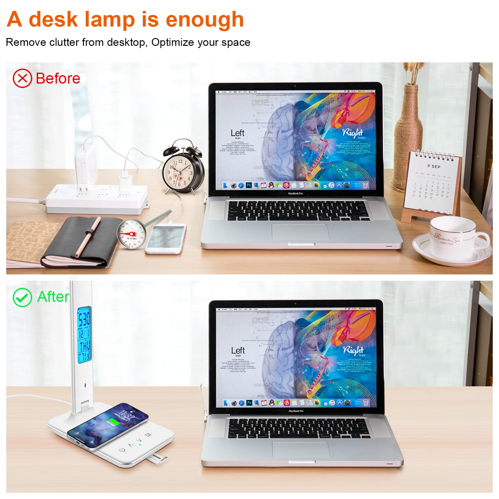 Snsok Desk Lamp With Wireless Charger, Usb Port, Dimmable Light & Clock - White