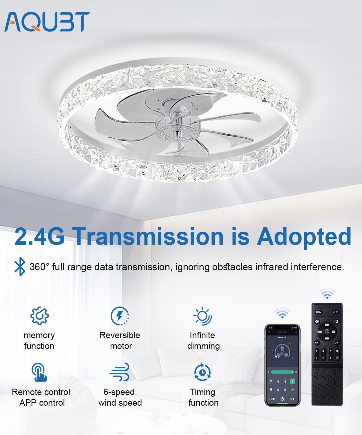 AQUBT Ceiling Fans with Lights and Remote, 19.7 Low Profile Ceiling Fan with Light, 3000-6500K Dimmable, Stepless Color Temperat