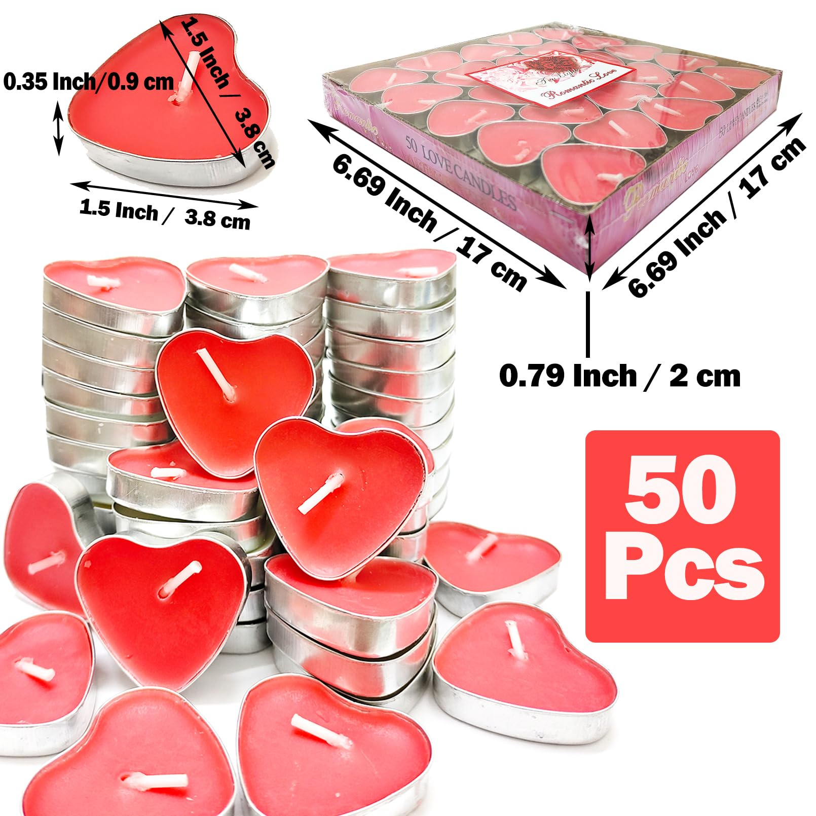 xlehoely 50 Pack Tea Light Candles,Heart Shaped Unscented Tealight Candles,Romantic Love Smokeless Tea Lights Candles,Dripless &