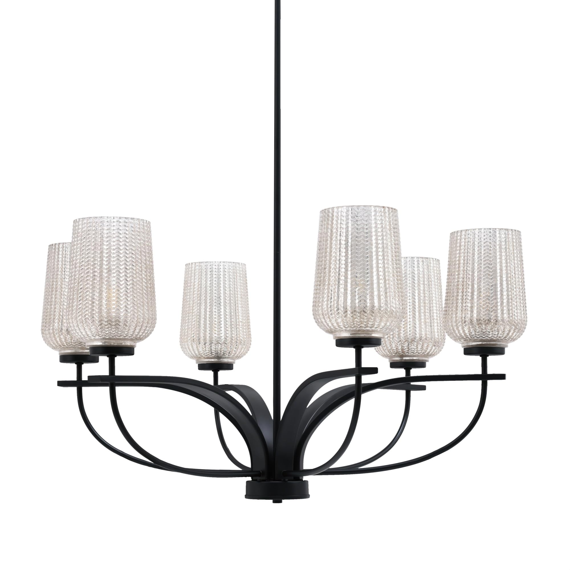 Toltec Lighting Cavella 6 Light Chandelier Shown In Matte Black Finish With 5" Silver Textured Glass