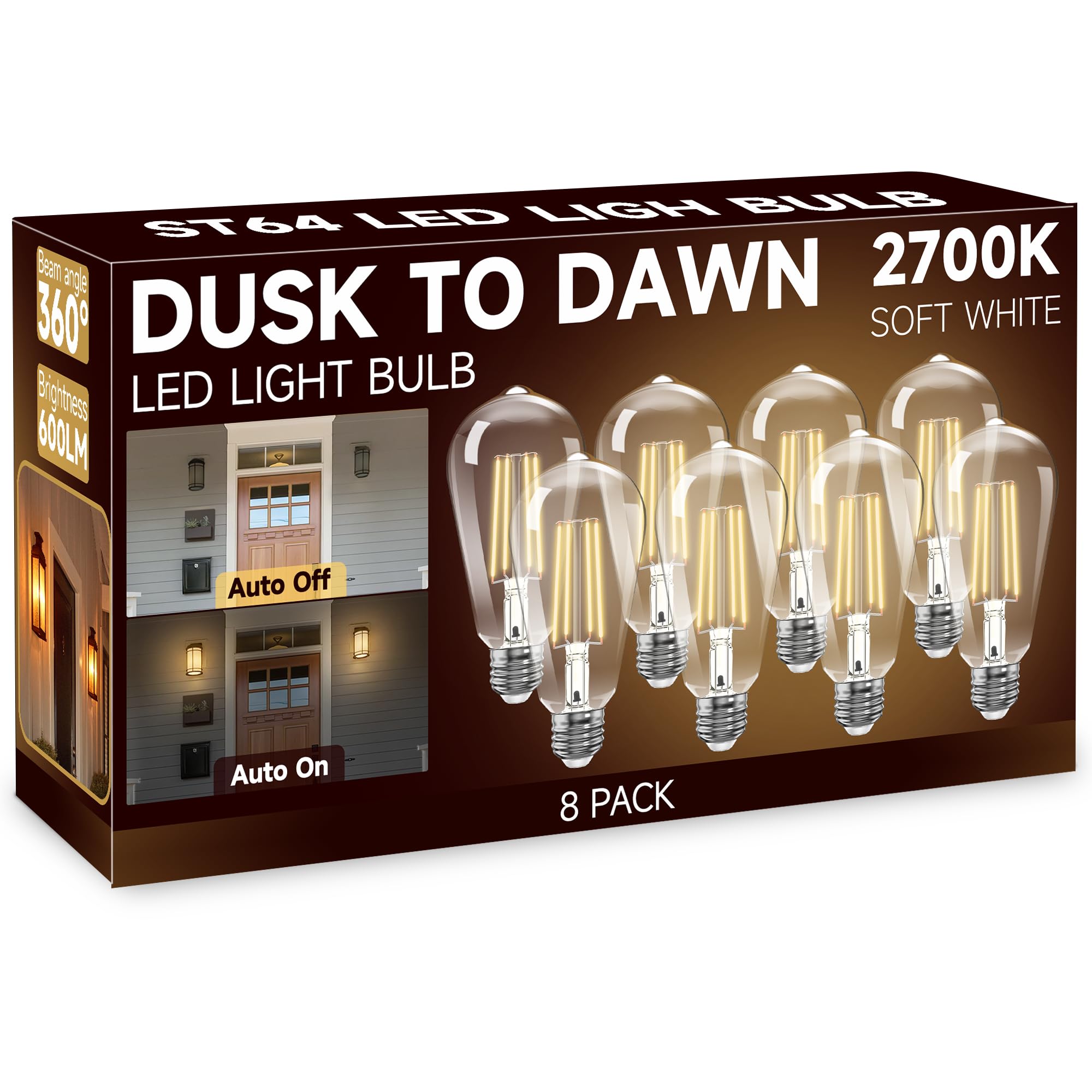 UNILAMP Dusk to Dawn Light Bulbs, ST64 6W Equivalent, 600LM, E26 Base, Photocell Sensor, 8 Pack, 2700K Soft White