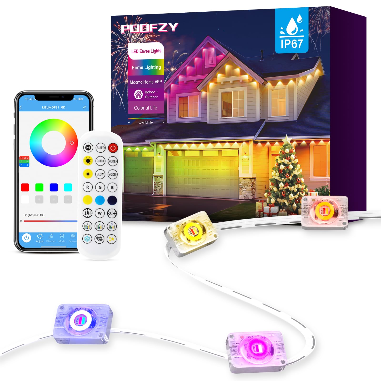 POOFZY Permanent Outdoor Lights for House, 200ft RGB+IC Smart Outdoor Decor, 50 Scene Modes, App/Remote Control, IP68 Waterproof