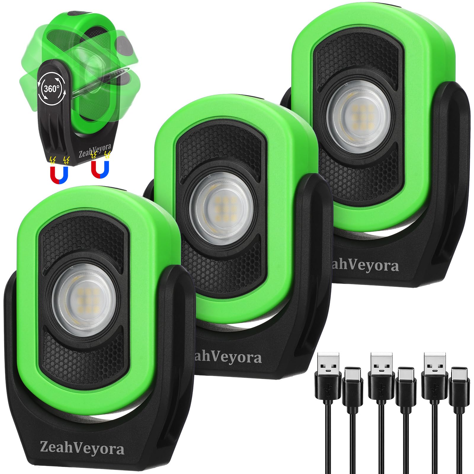 ZeahVeyora 3 Pack 780 Lumens Magnetic Work Light USB Rechargeable LED Flashlight Magnetic Portable Inspection Worklight for Car 