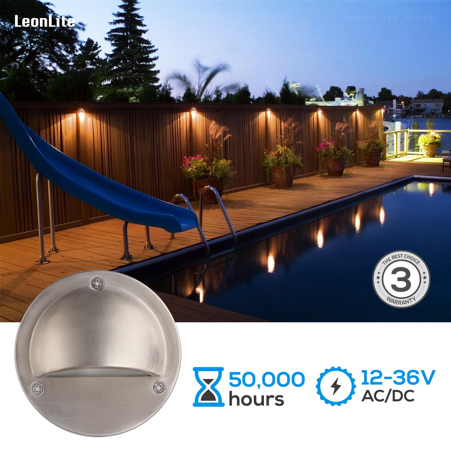 LEONLITE LED Deck Lights, 4.09in Landscape Step Railing Light, 170LM, 12-36V, Aluminum, Satin Nickel, 3000K, Model A