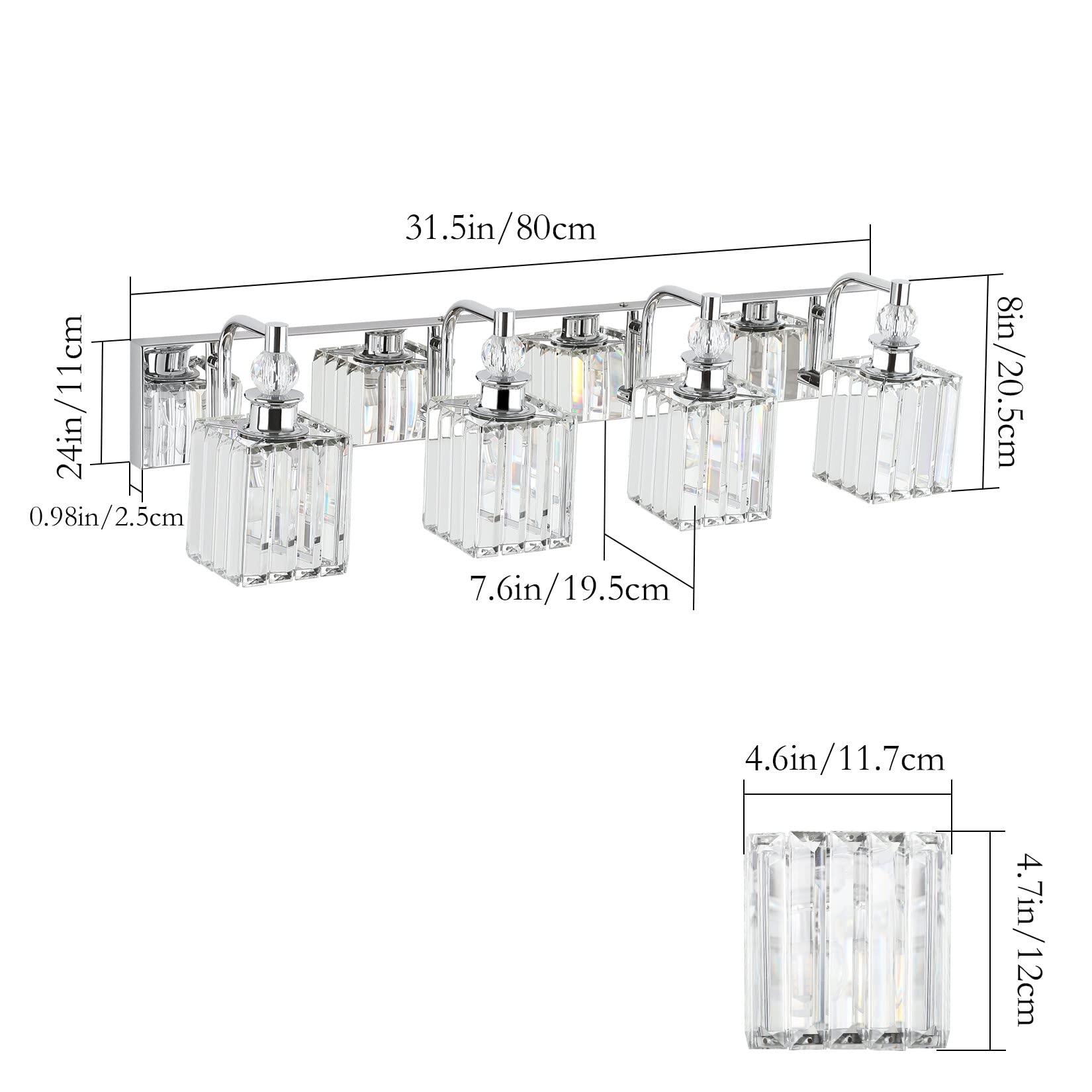 Ralbay Modern Crystal Vanity Light 4-Light, 31.5in  Chrome, Stainless Steel, Model 8606, Bathroom Wall Fixture Over Mirror