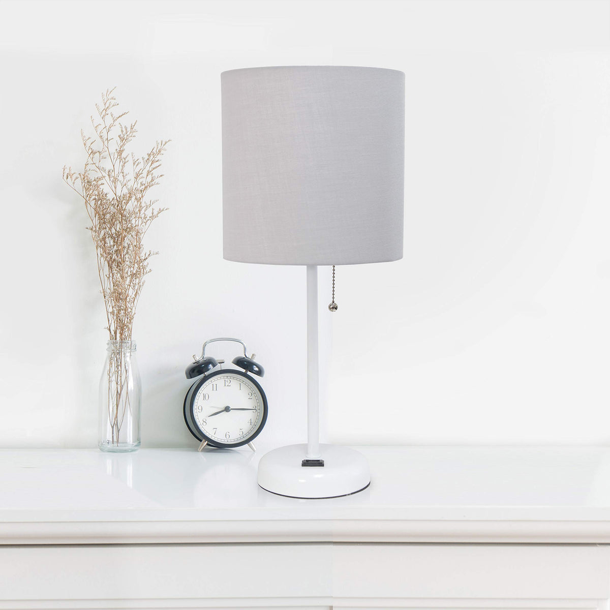 Simple Designs Lt2024-Gow White Stick Table Desk Lamp With Charging Outlet And Drum Fabric Shade, Gray Shade (Pack Of 2)