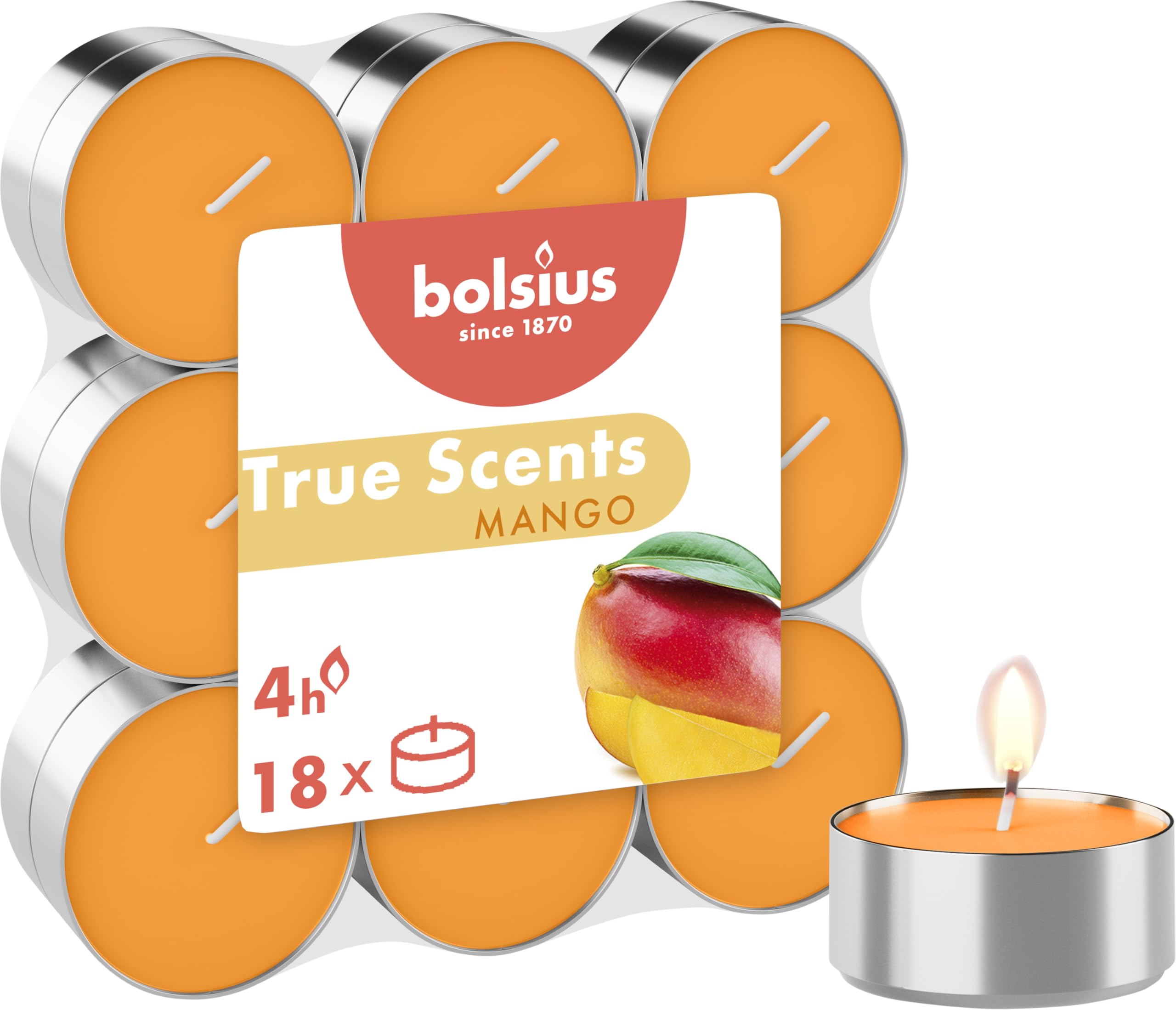 Bolsius True Scents Scented Tealights in Aluminium Cup - Mango Fragrance - Set of 18 Pieces - Orange Colour - Long Burning Time
