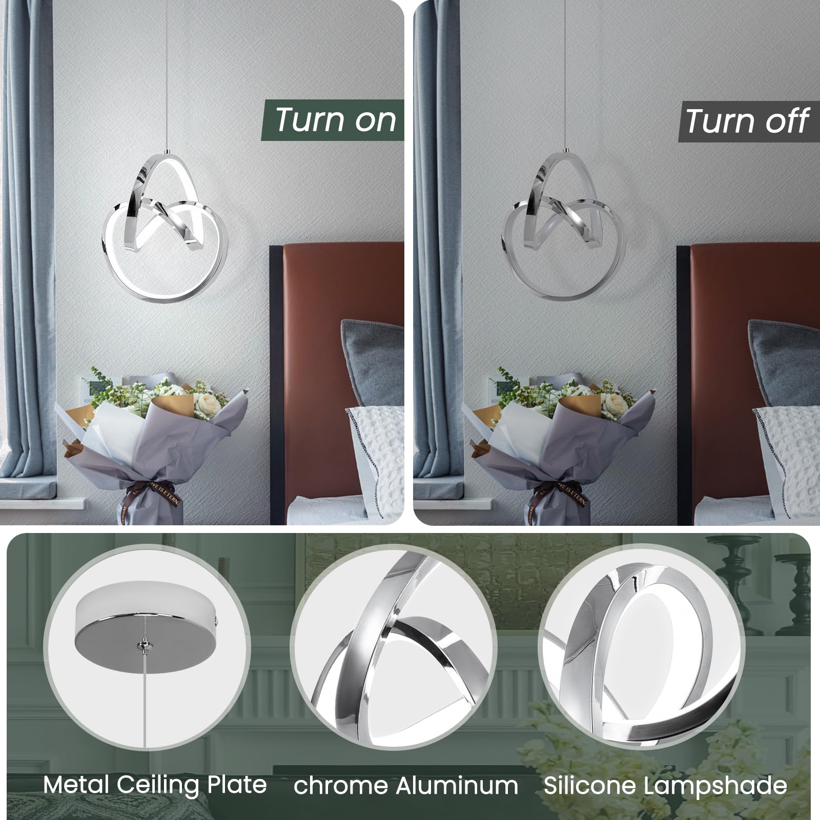 Sovinzert LED Pendant Light Fixtures, 6000K Chrome, Adjustable Height, Modern Design for Kitchen, Dining Room, Hardwired, 1 Pack