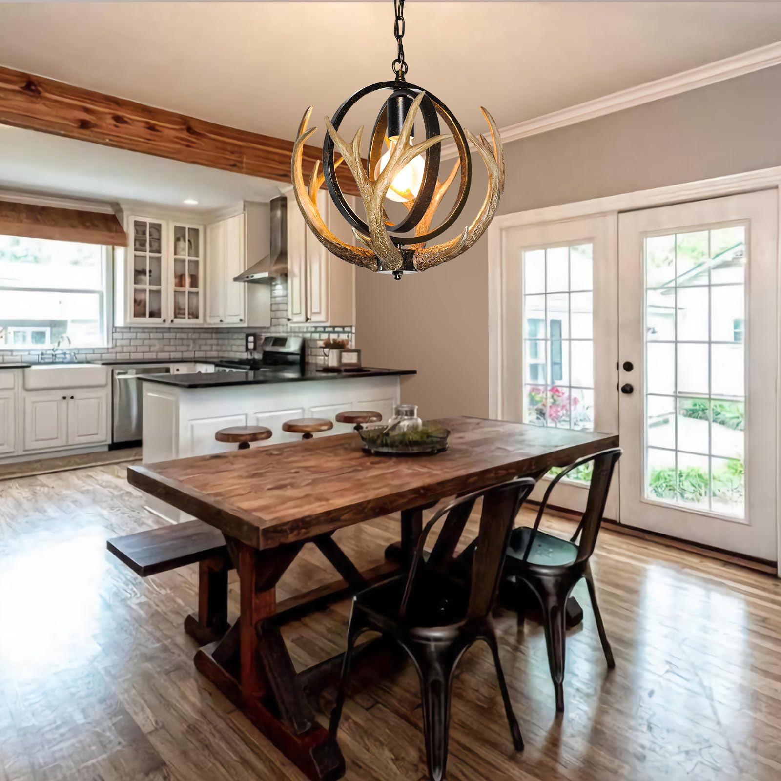 Debemenes Rustic Antler Chandelier, 14" Farmhouse Chandelier With Resin 4 Antlers And Retro Metal Globe Chandelier Vintage Style For Dining Room, Kitchen, Hallway, Pendant Lights