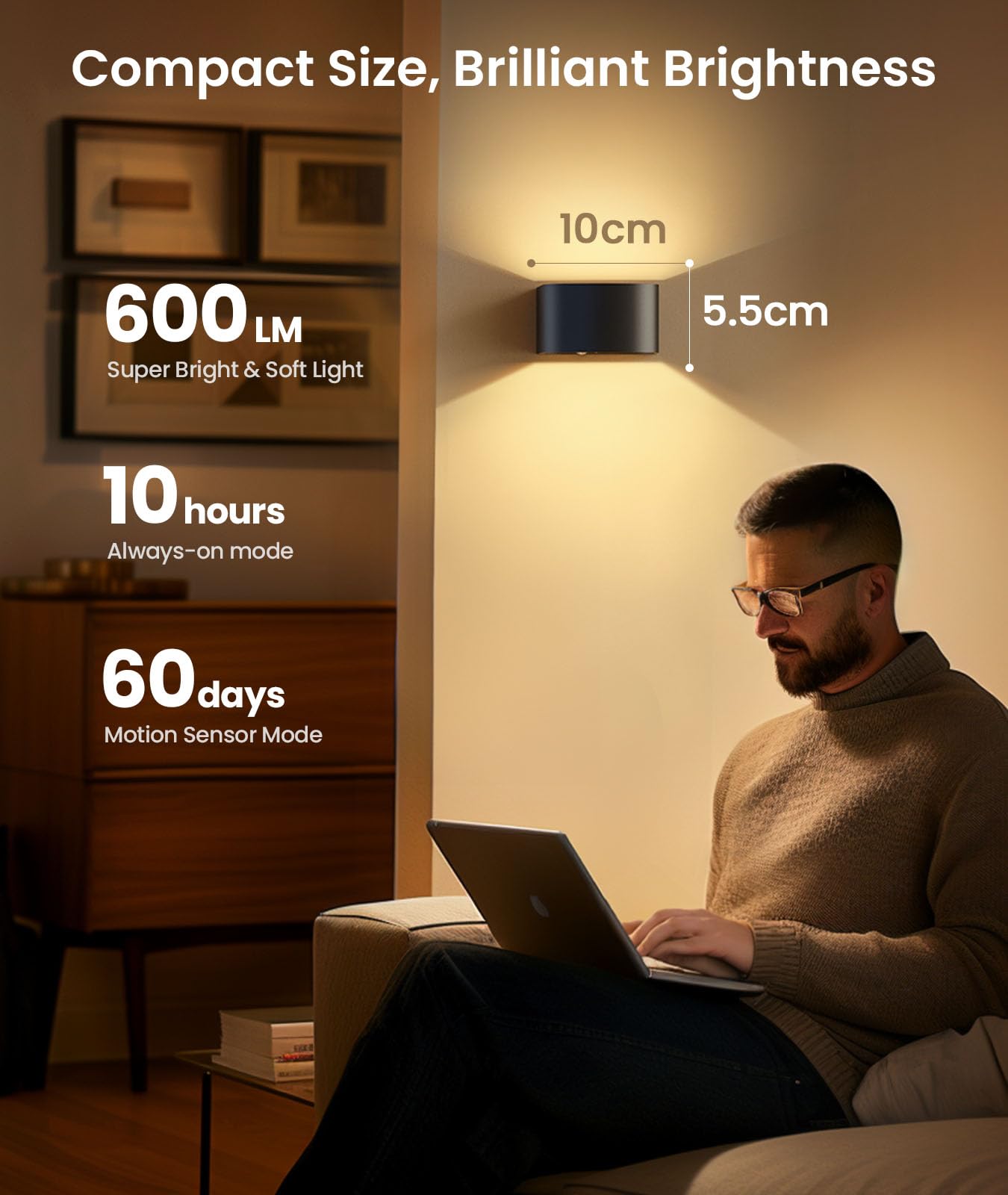 FULEN Motion Sensor Wall Lamp 4 Pack, LED Indoor Up/Down Sconce, Rechargeable 5000mAh, Black, Model WL04
