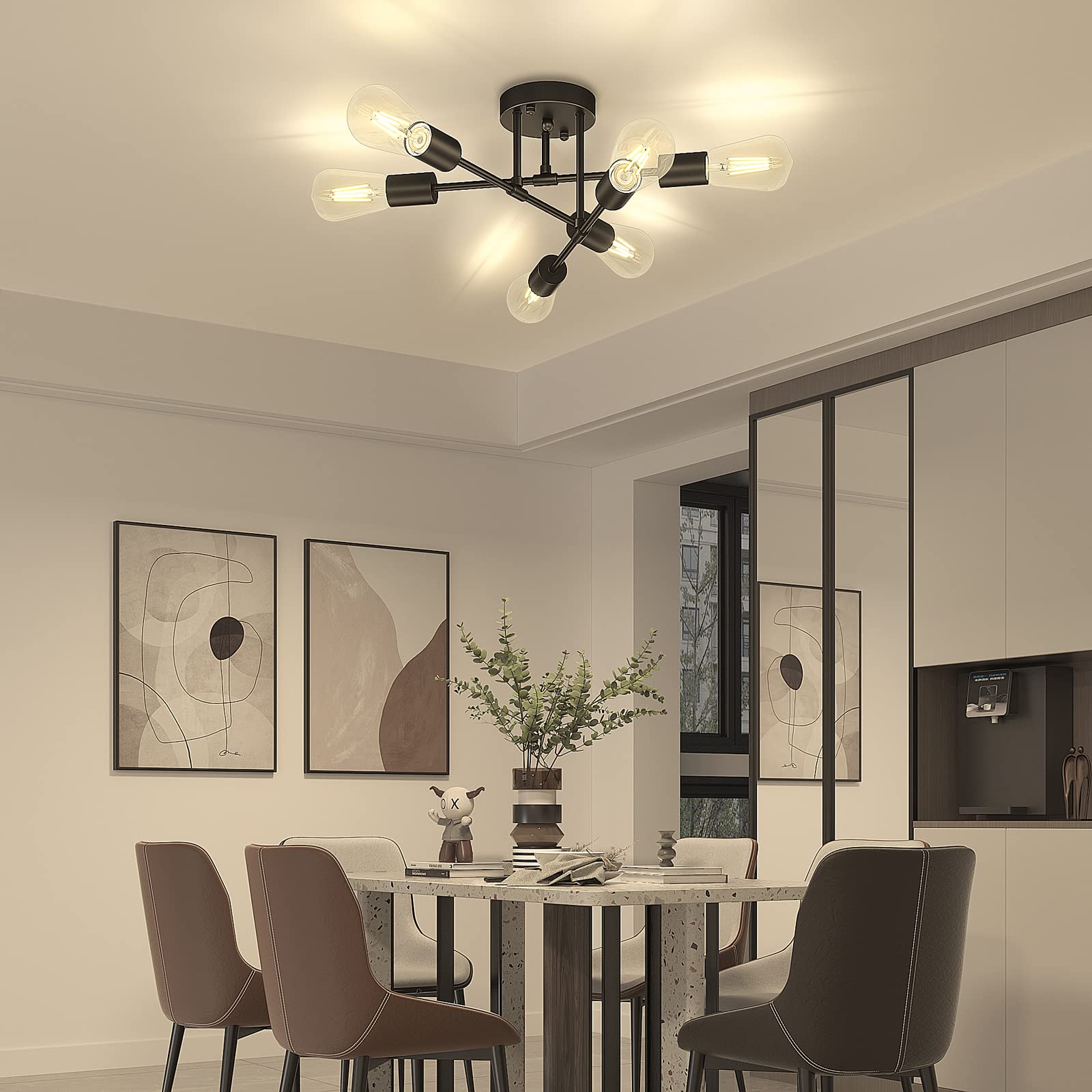 Asnxcju Modern Semi Flush Mount Ceiling Light, 6-Lights, Black Metal Sputnik Chandelier for Dining Room, UL Listed