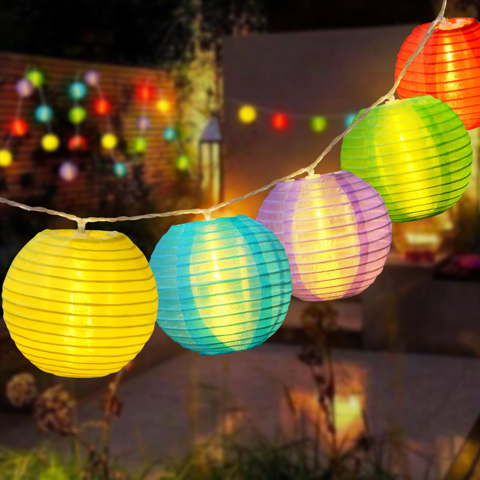 RJZZ Lantern String Lights Multicolor Lantern Lights 9.4Ft Nylon Lanterns with Lights Battery Operated 10 Count Summer String Lights Indoor Outdoor Hanging Lights for Bedroom  Nursery  Patio  Party