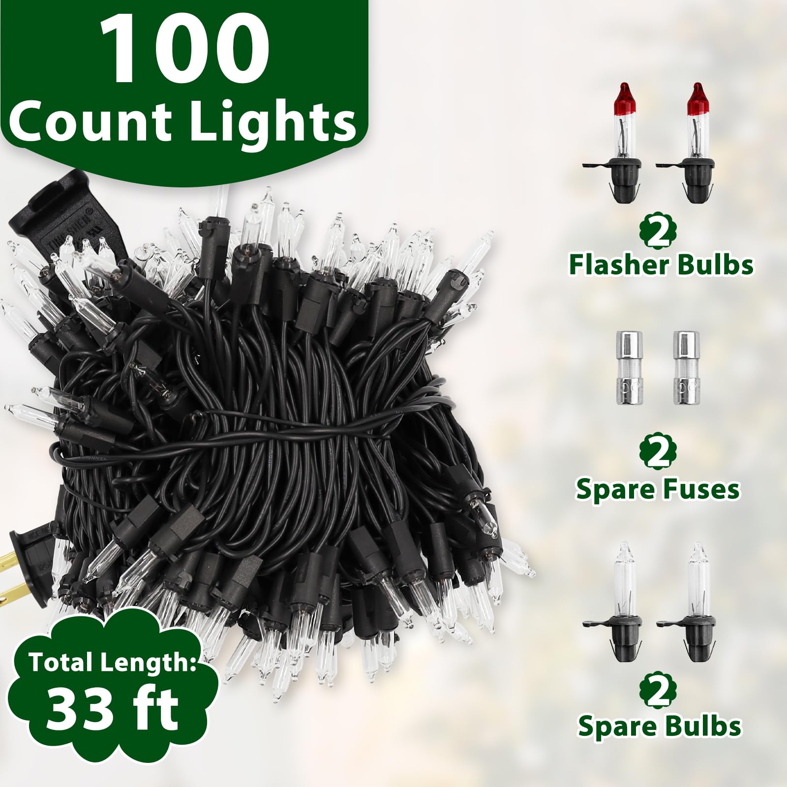 Cxlho Clear Christmas Lights 33Ft 100 Incandescent Bulbs Warm White Mini Lights With Black Wire For Christmas Tree, Garland, Tha