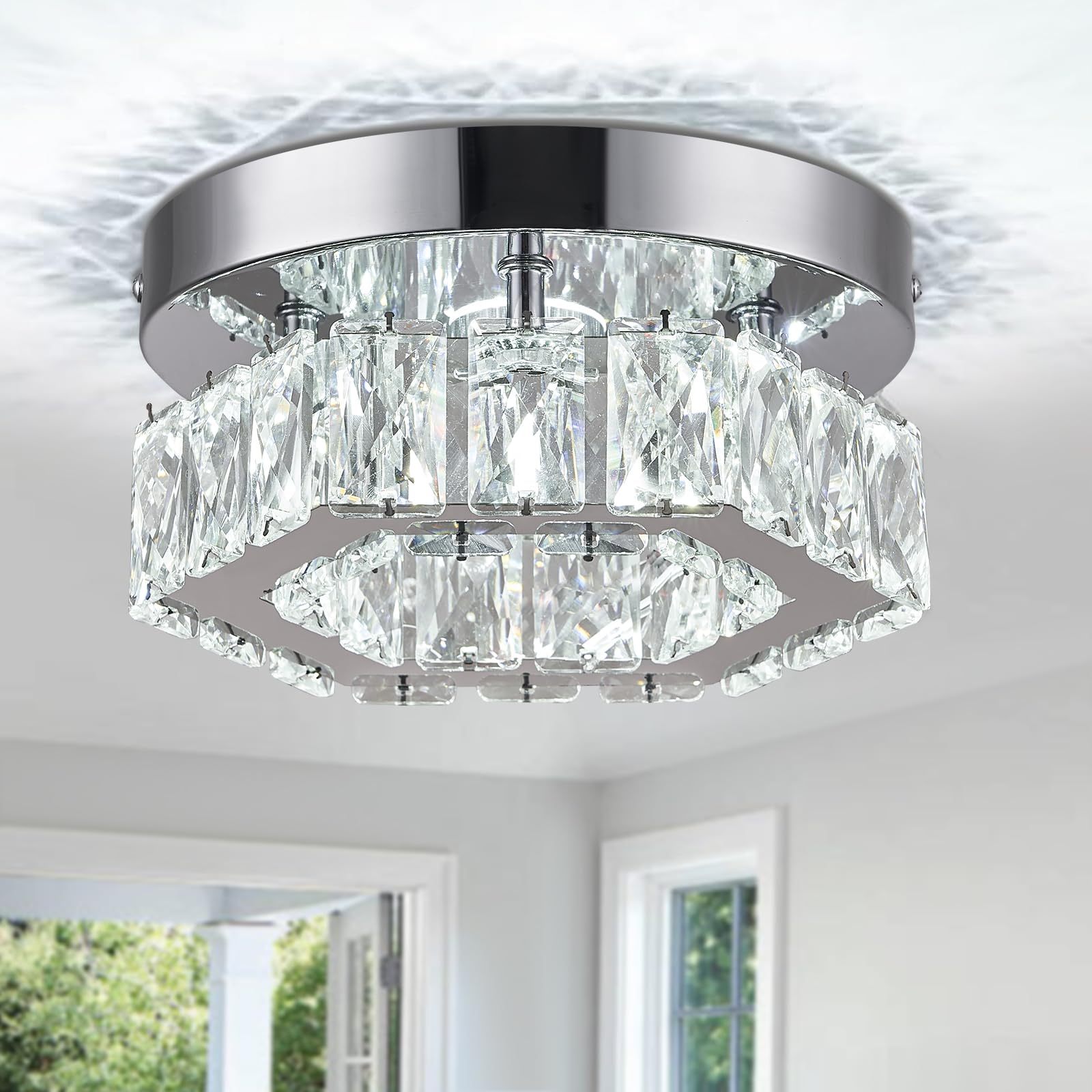 LEONTYNE Mini Modern Crystal Chandelier 7.9 inch Hexagon Crystal Ceiling Light Flush Mount LED Chandeliers for Bedroom Kitchen F