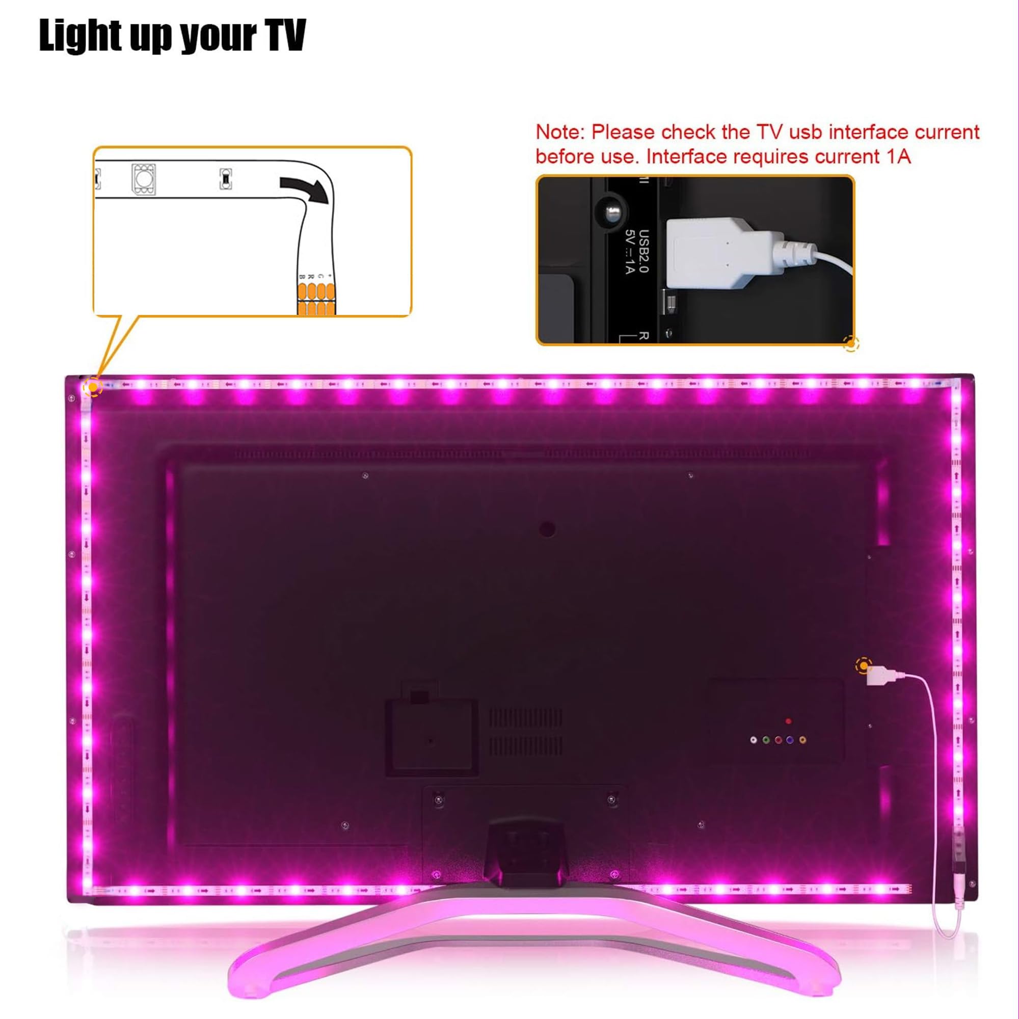 Maylit USB Powered LED Strip Lights for 40-60in TV, 8.2ft RGB Bias Lighting with Remote, Plastic Material