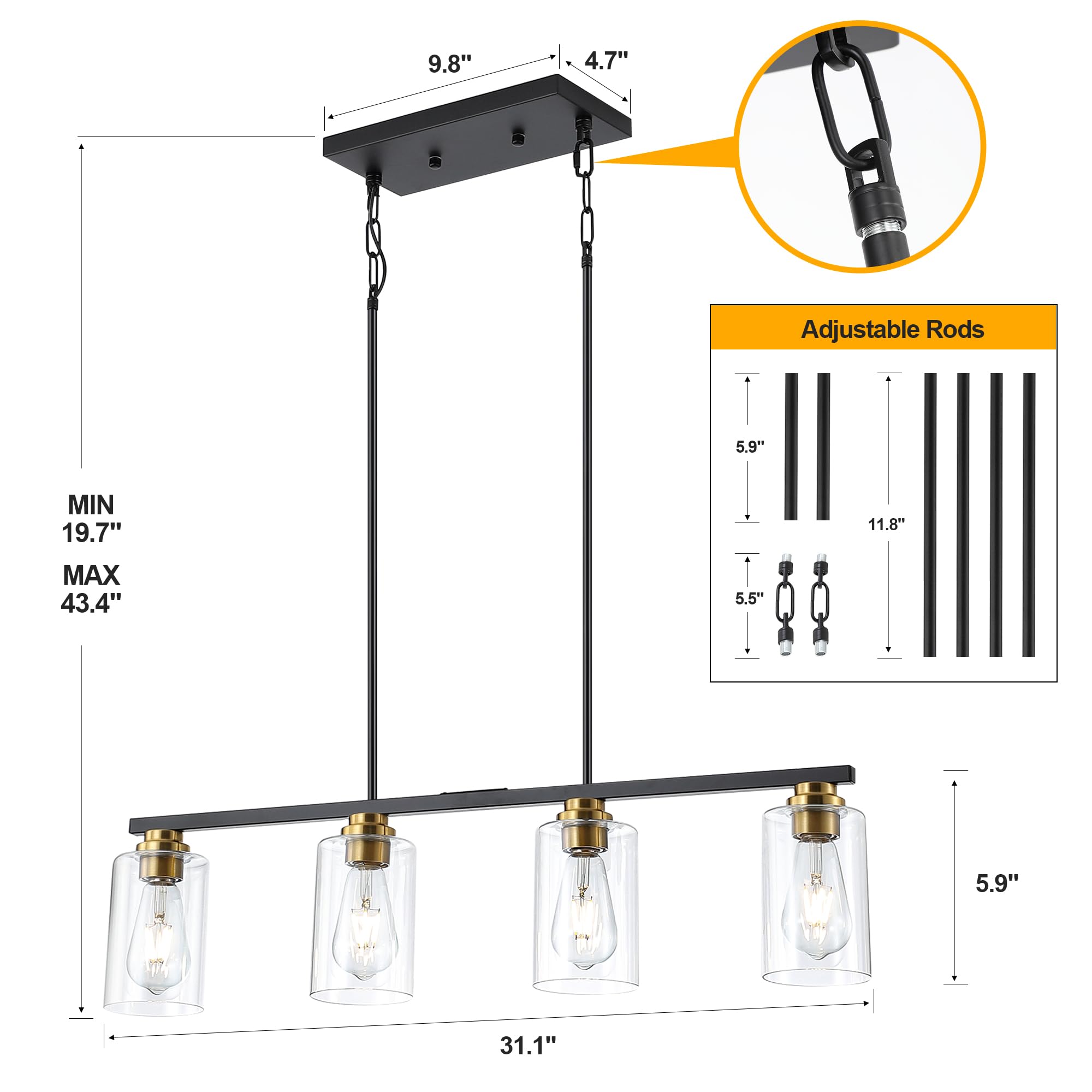Mecgirn 4-Light Linear Chandelier Pendant Lighting, Black & Gold Metal Fixture for Kitchen Island & Dining Room, Model D0017-4-BG
