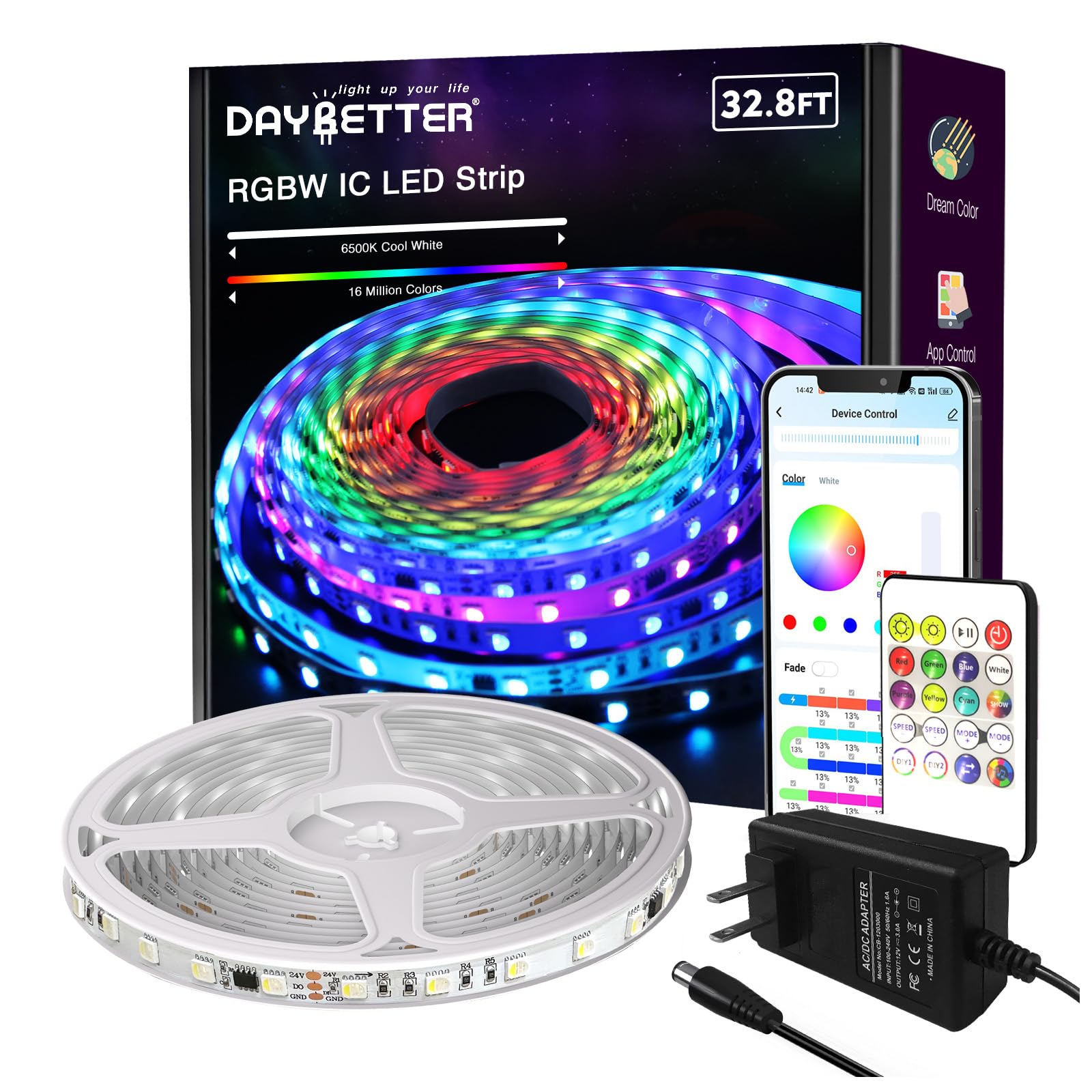DAYBETTER RGBW IC LED Strip Lights, Smart RGB+6500K White 4 Color in 1 LED Lights with Built-in IC Chip, High Density(60 LEDs pe