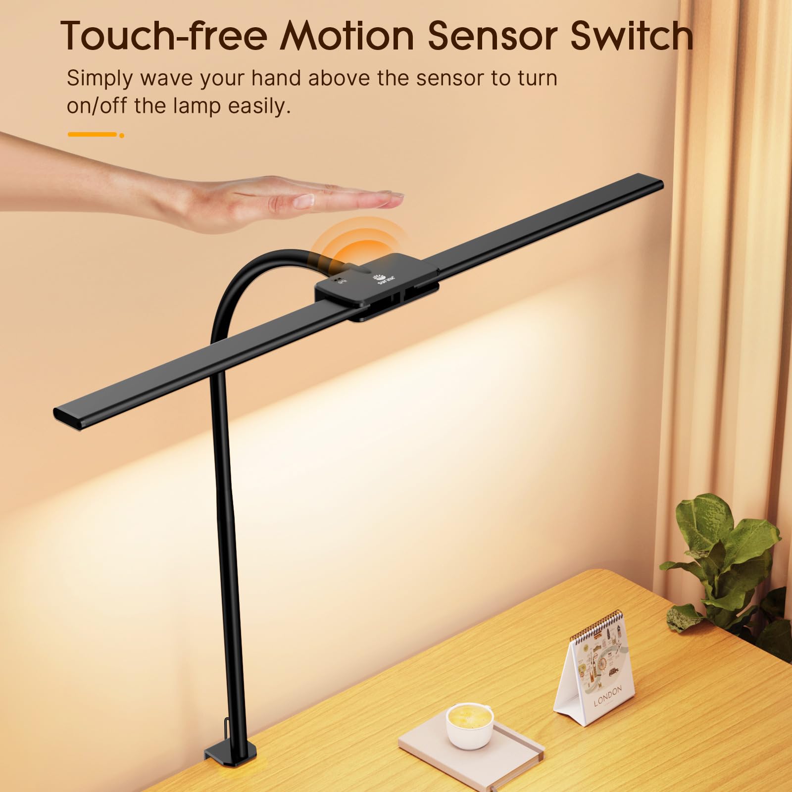 Syrinx Desk Lamp With Clamp, Double Head Desk Lamps For Home Office With Gesture Sensor Switch, Eye-Caring Led Desk Lamp With Fl
