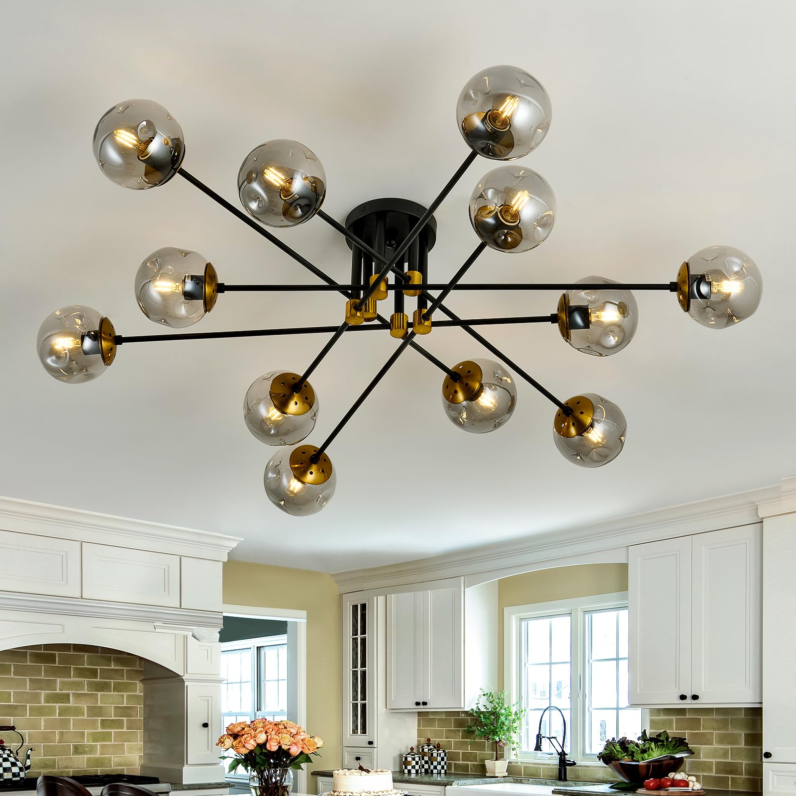 SZXYKEJI 12 Light Glass Globe Ceiling Light Black Mid Century Flush Mount Sputnik Light Fixture Bubble Chandelier for Living Roo