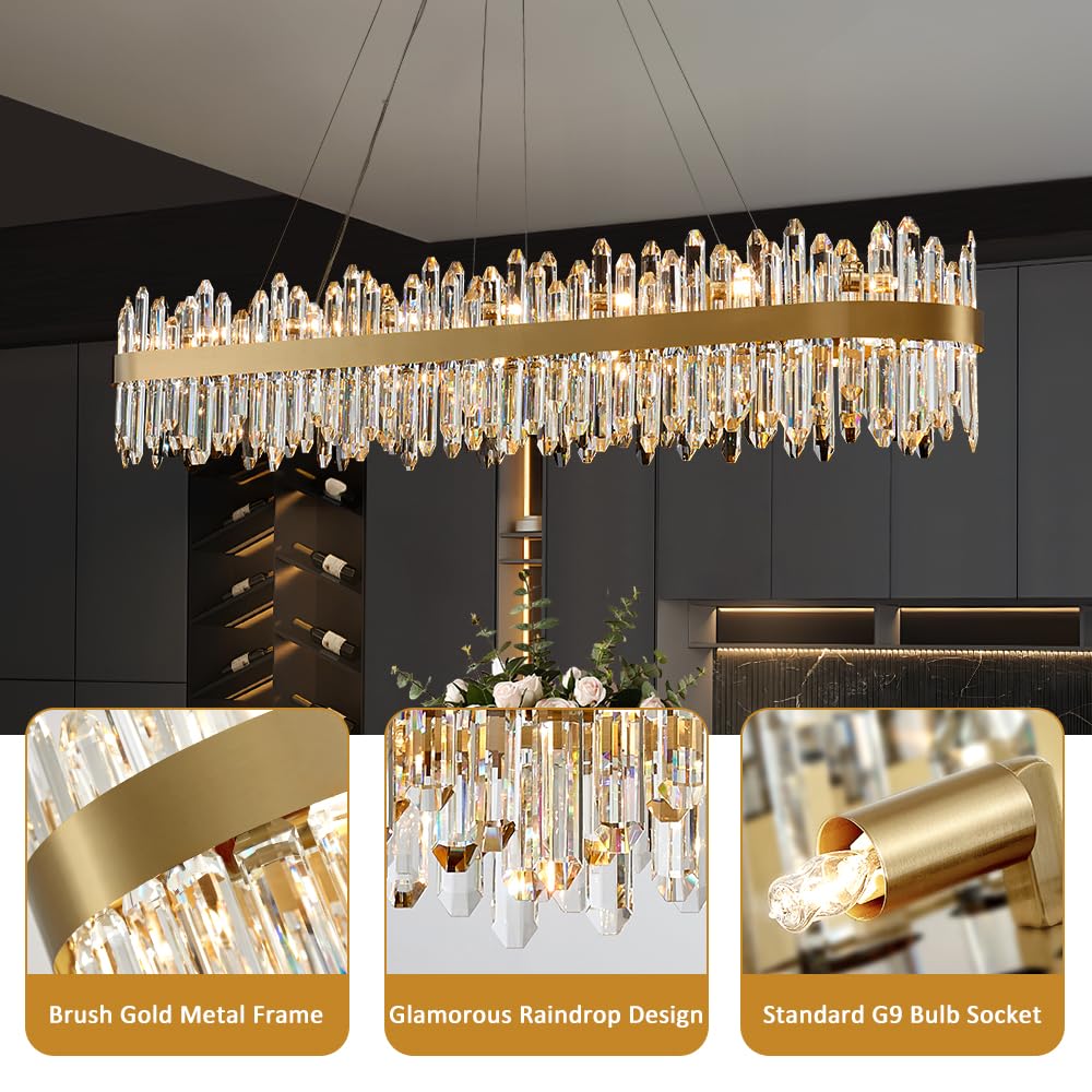 LIZZTREE Gold Oval Crystal Chandelier, 57" L, 32 Lights, Modern Pendant Light Fixture for Dining Room, Kitchen Island, Model LIZZ-8019-L1450GD