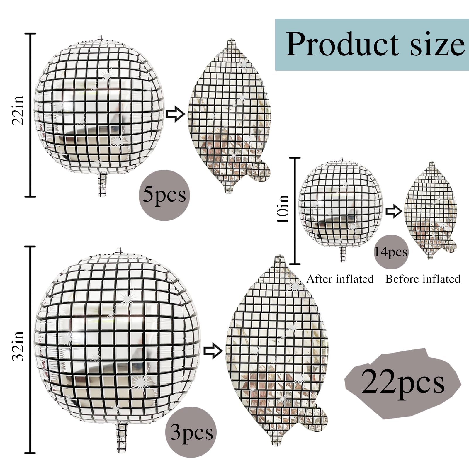22Pcs Disco Ball Balloons Different Sizes- 4D Large Disco Balloons 32    22    10 Inch Metallic Silver Disco Balloons for 70s 80